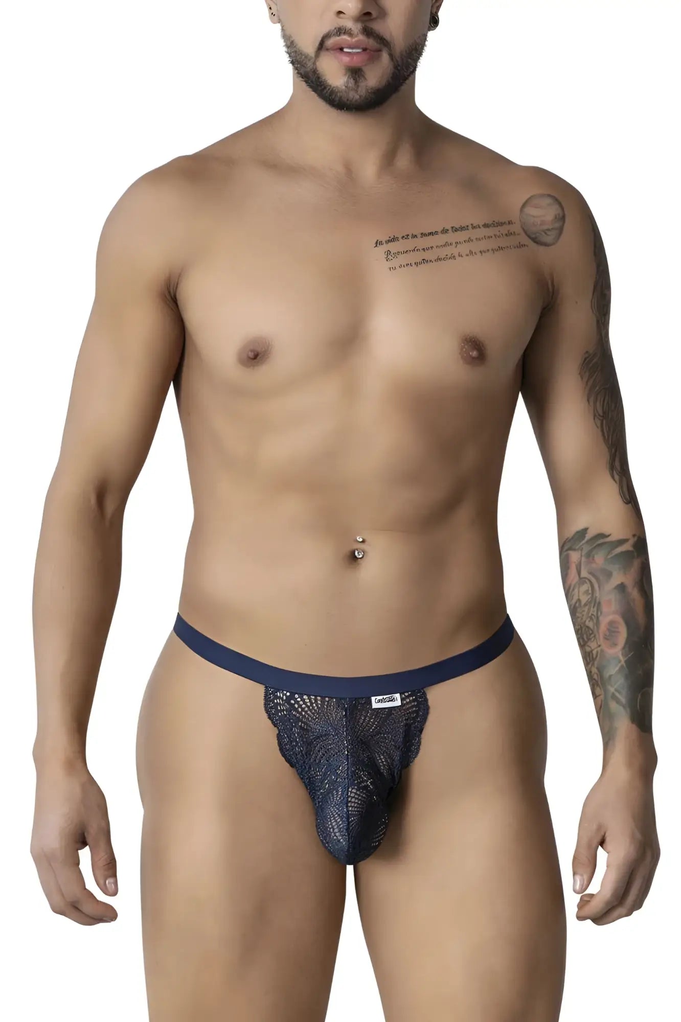 Dark blue lace thong with solid waistband from candyman 99915 lace thongs color navy shown from the back side
