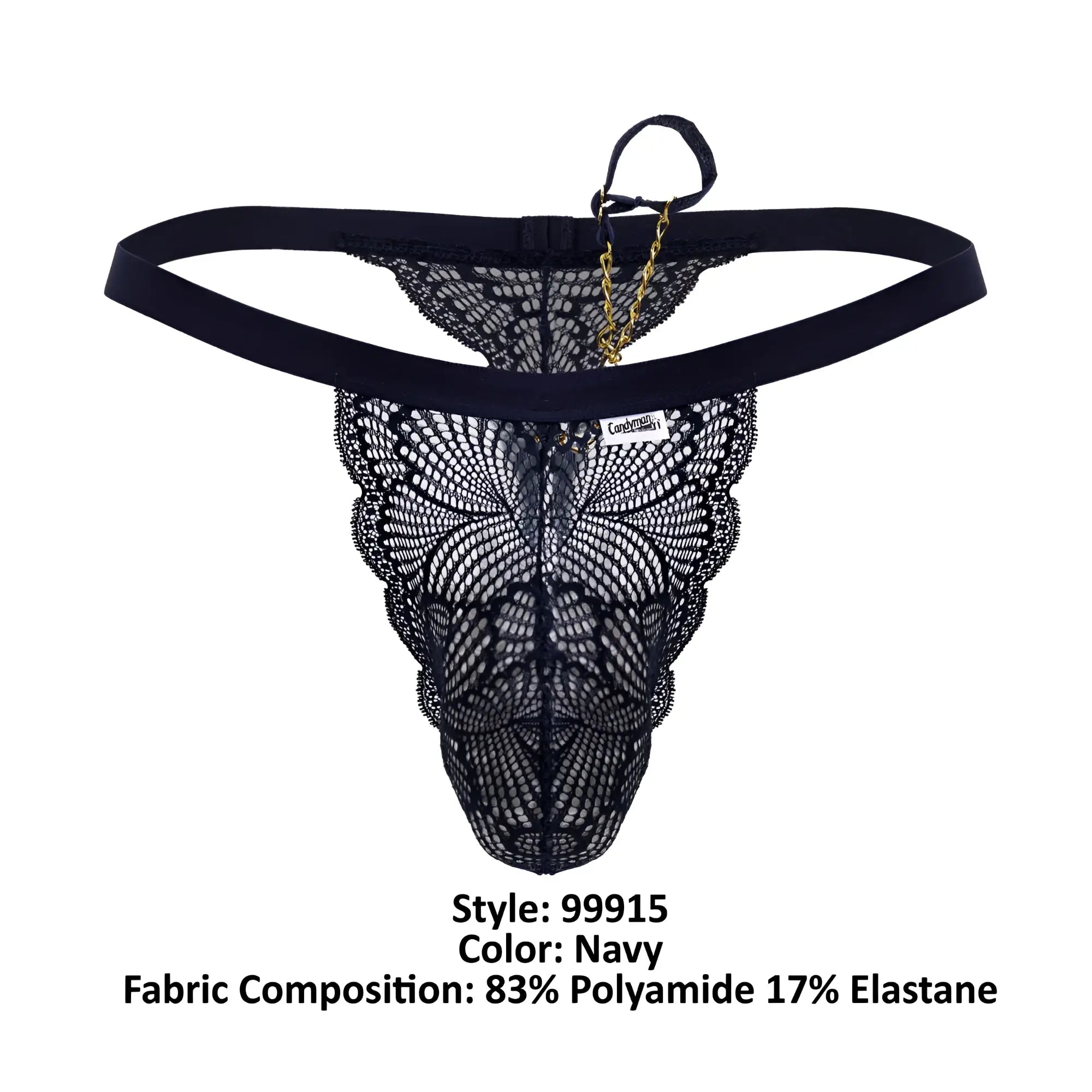 Navy lace thong candy man 99915 with delicate butterfly pattern and gold chain accent on the back side