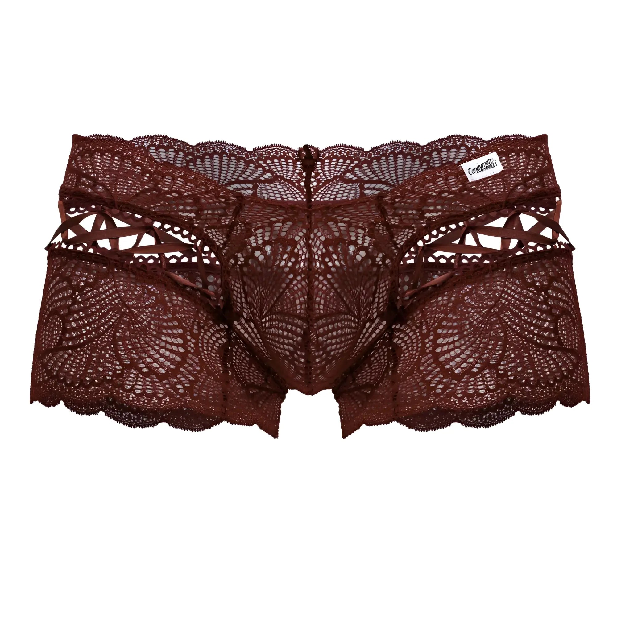 Dark burgundy lace men’s underwear with intricate floral patterns and scalloped edges by CandyMan 99916 lace trunks