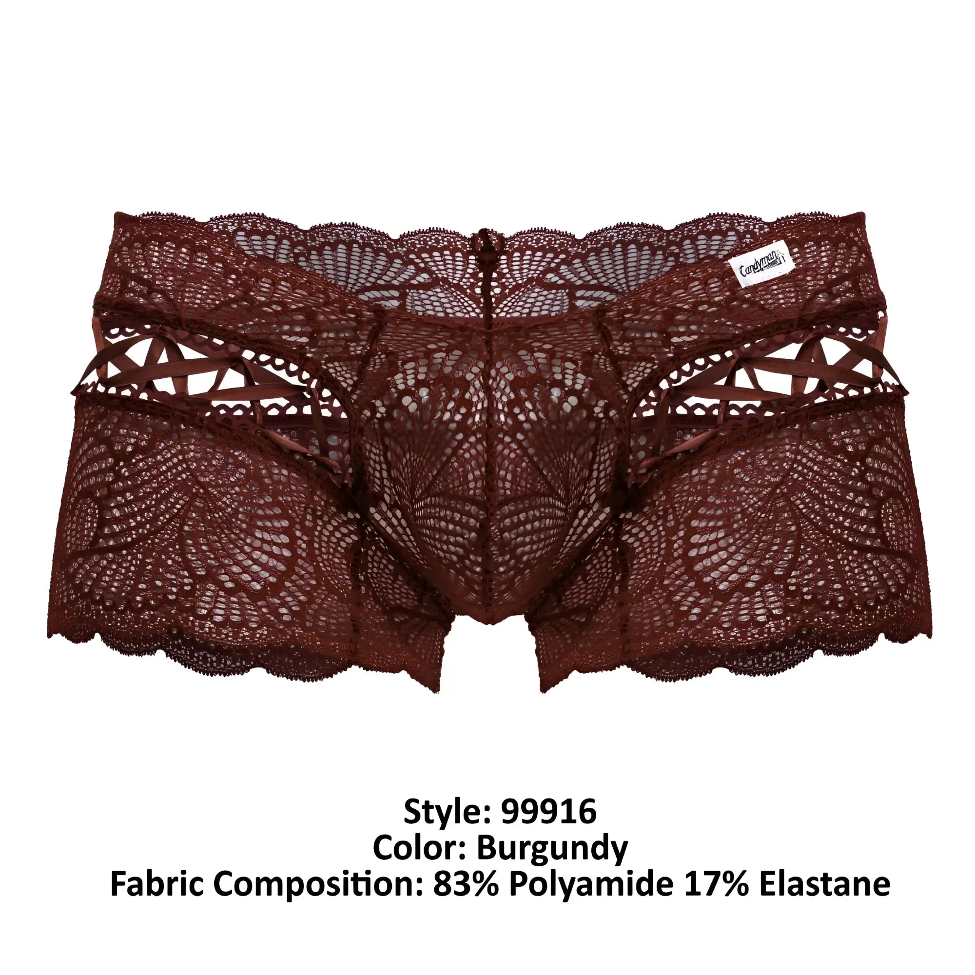 CandyMan 99916 lace trunks in burgundy featuring intricate floral lace patterns and a scalloped edge design