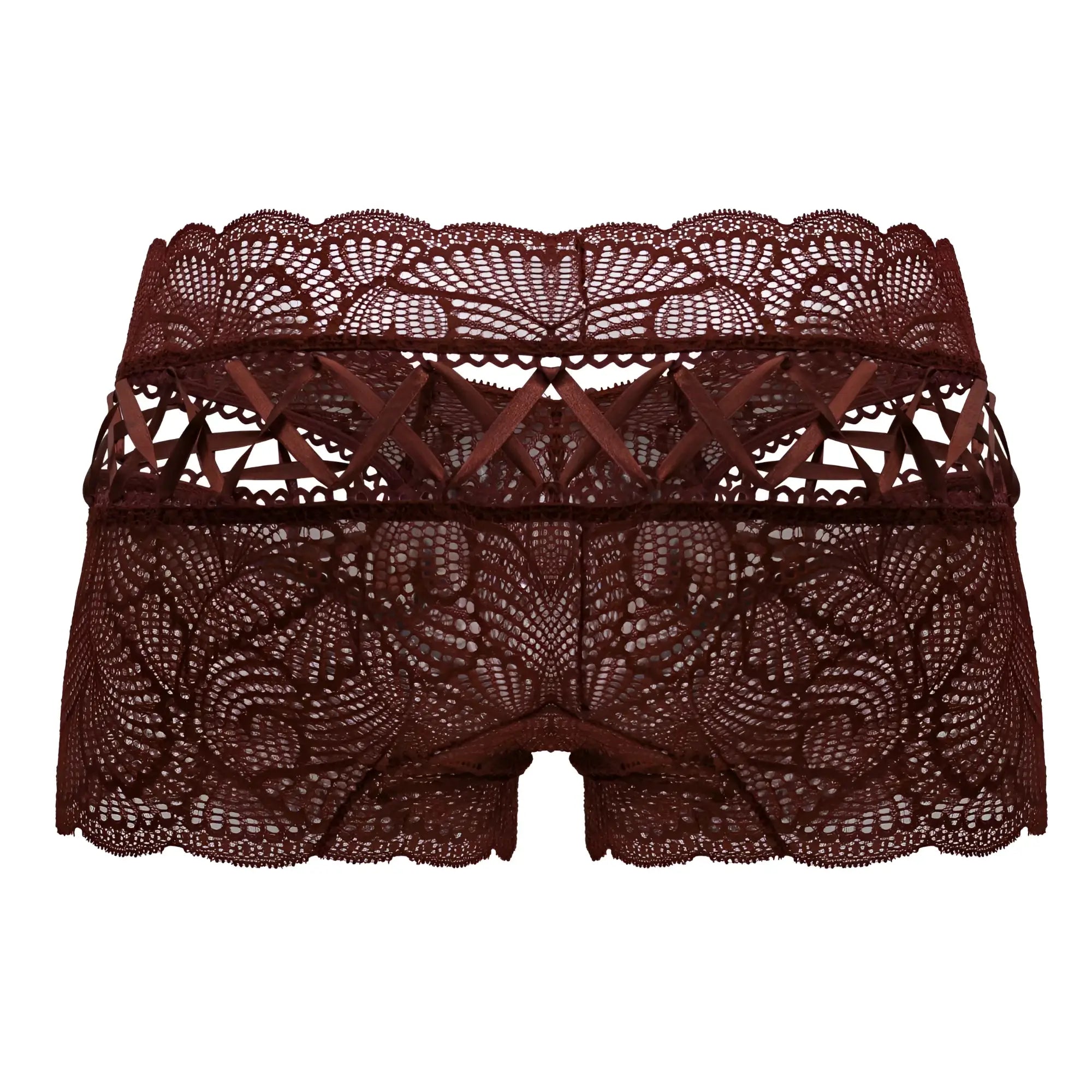 A pair of candyMan 99916 lace trunks in burgundy with intricate floral patterns and scalloped edges
