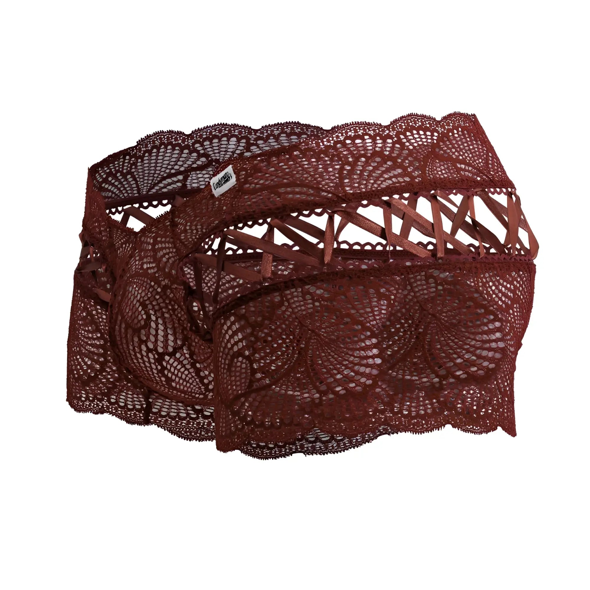 A pair of burgundy candyMan 99916 lace trunks with intricate floral patterns and scalloped edges