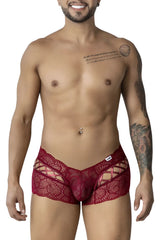 Candyman 99916 lace trunks burgundy red lace men’s briefs with intricate floral patterns and cut-out design