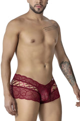 CandyMan 99916 lace trunks in burgundy red with intricate floral patterns and sheer mesh design for men