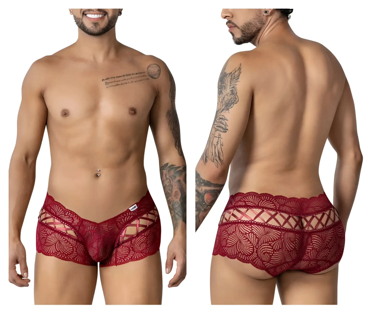 Candyman 99916 lace trunks burgundy red lace mens underwear with intricate floral patterns and sheer mesh design