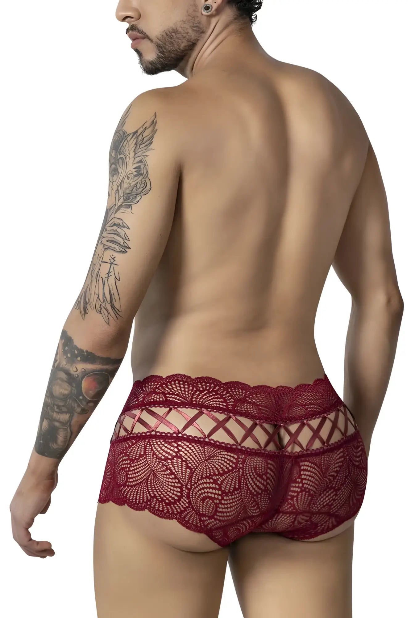Burgundy candyman 99916 lace trunks with intricate floral lace and sheer crisscross back panel shown from the back
