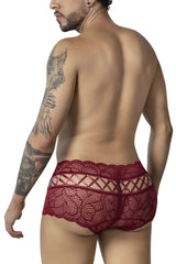 Burgundy candyman 99916 lace trunks with intricate floral lace and sheer crisscross back panel shown from the back