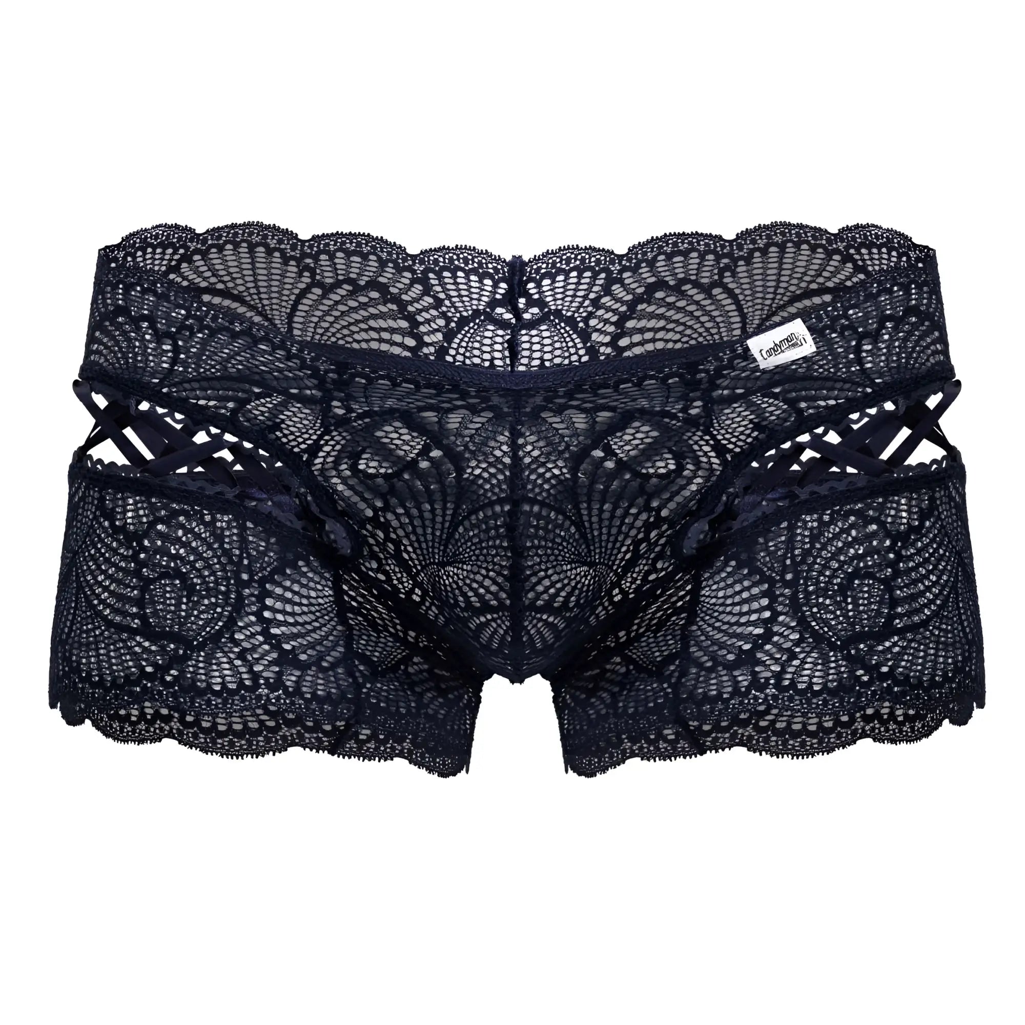 Navy CandyMan 99916 lace trunks featuring black lace underwear with intricate floral patterns and scalloped edges