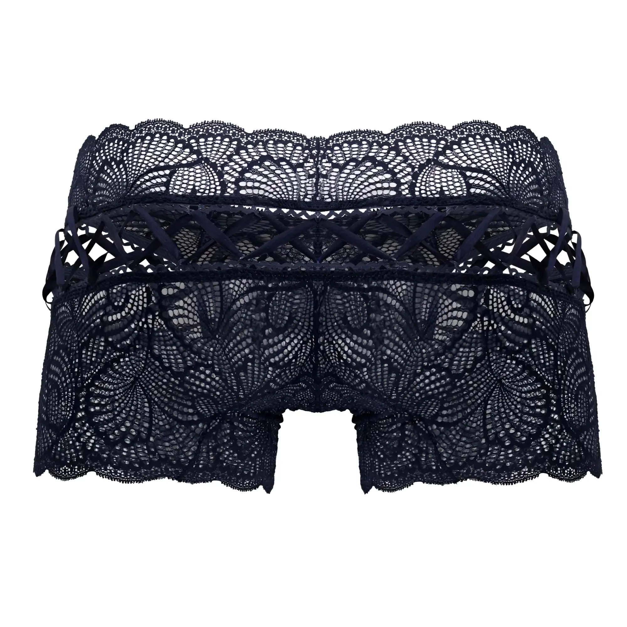 Navy CandyMan 99916 lace trunks featuring black lace underwear with intricate floral patterns and scalloped edge