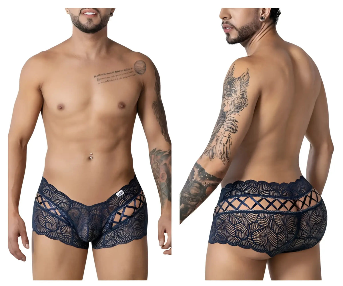 CandyMan 99916 lace trunks in navy blue featuring intricate floral patterns and a crisscross design