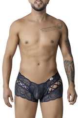 CandyMan 99916 lace trunks in navy feature dark blue lace with an intricate pattern and cutout design for men