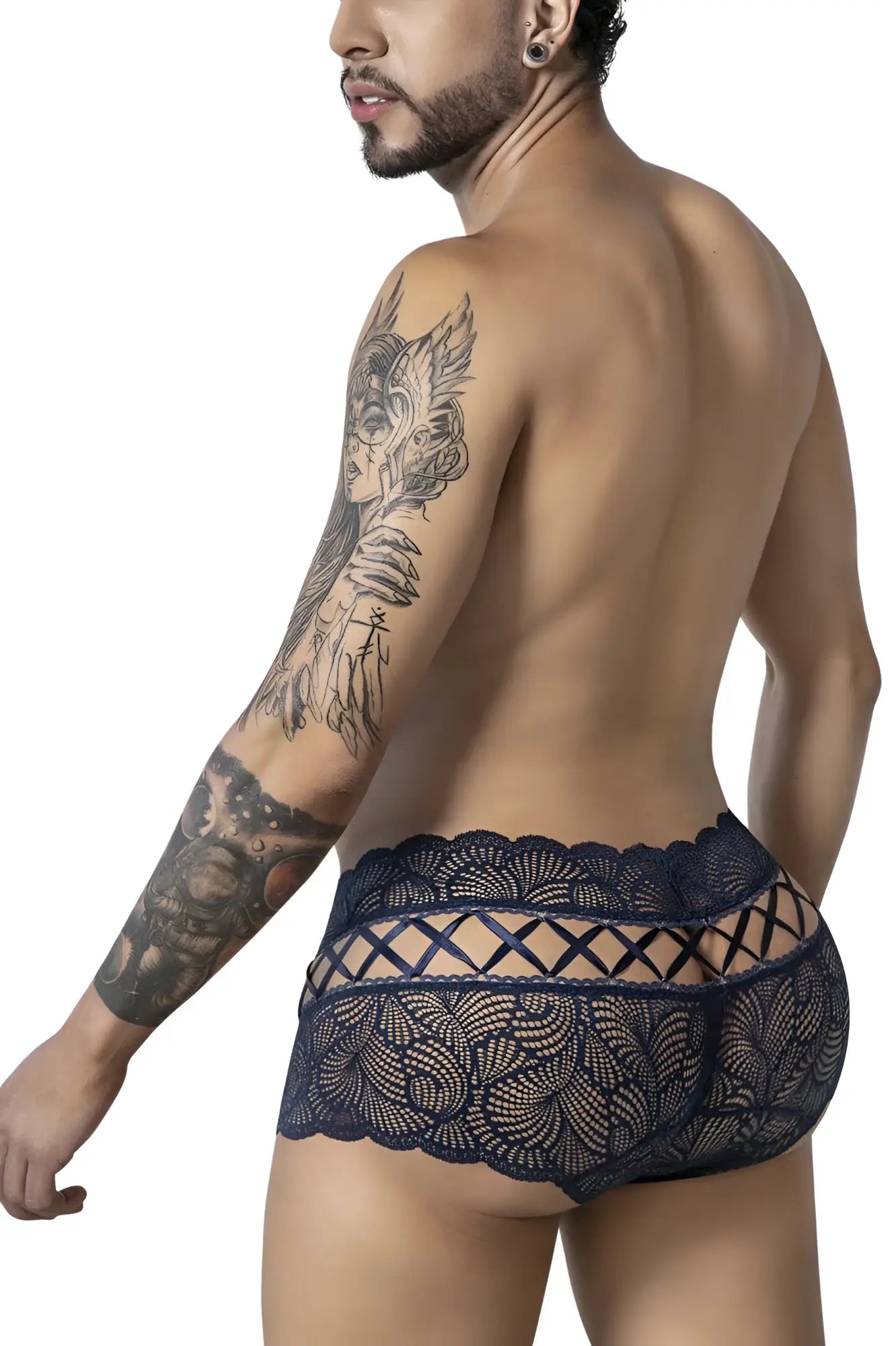 Navy candy man 99916 lace trunks featuring dark blue floral lace and a crisscross design front view