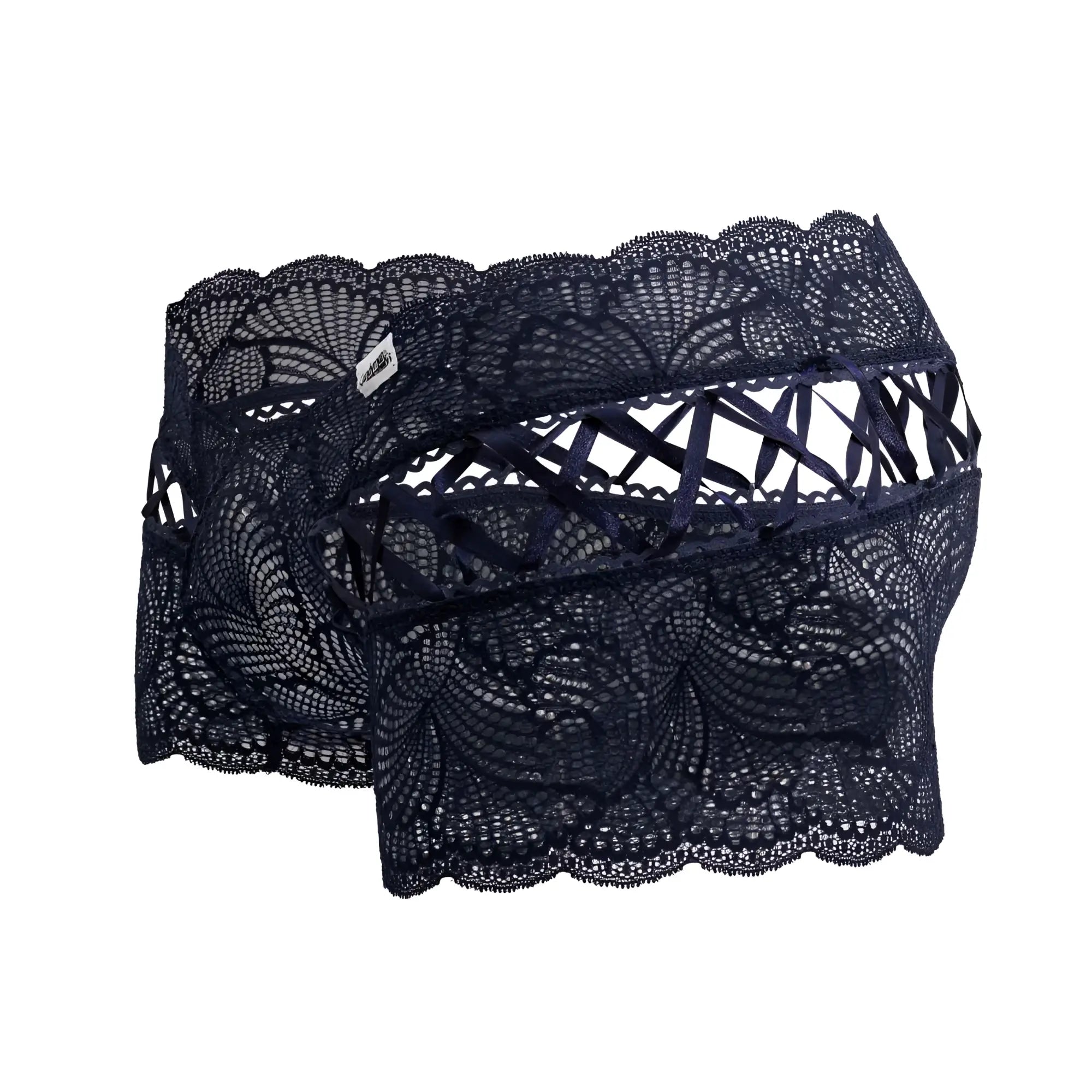 CandyMan 99916 lace trunks in navy with dark navy floral lace and scalloped edges for stylish underwear wear