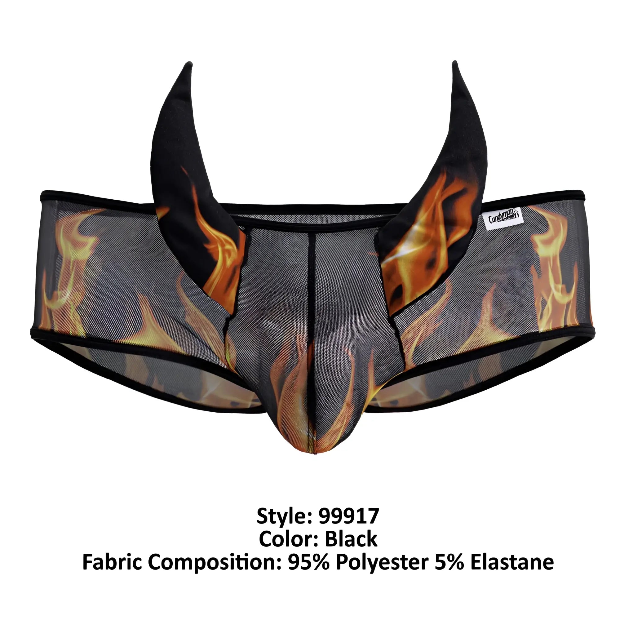 CandyMan 99917 wicked trunks black mesh briefs with bold flame design and devil horns made of polyester and elastane
