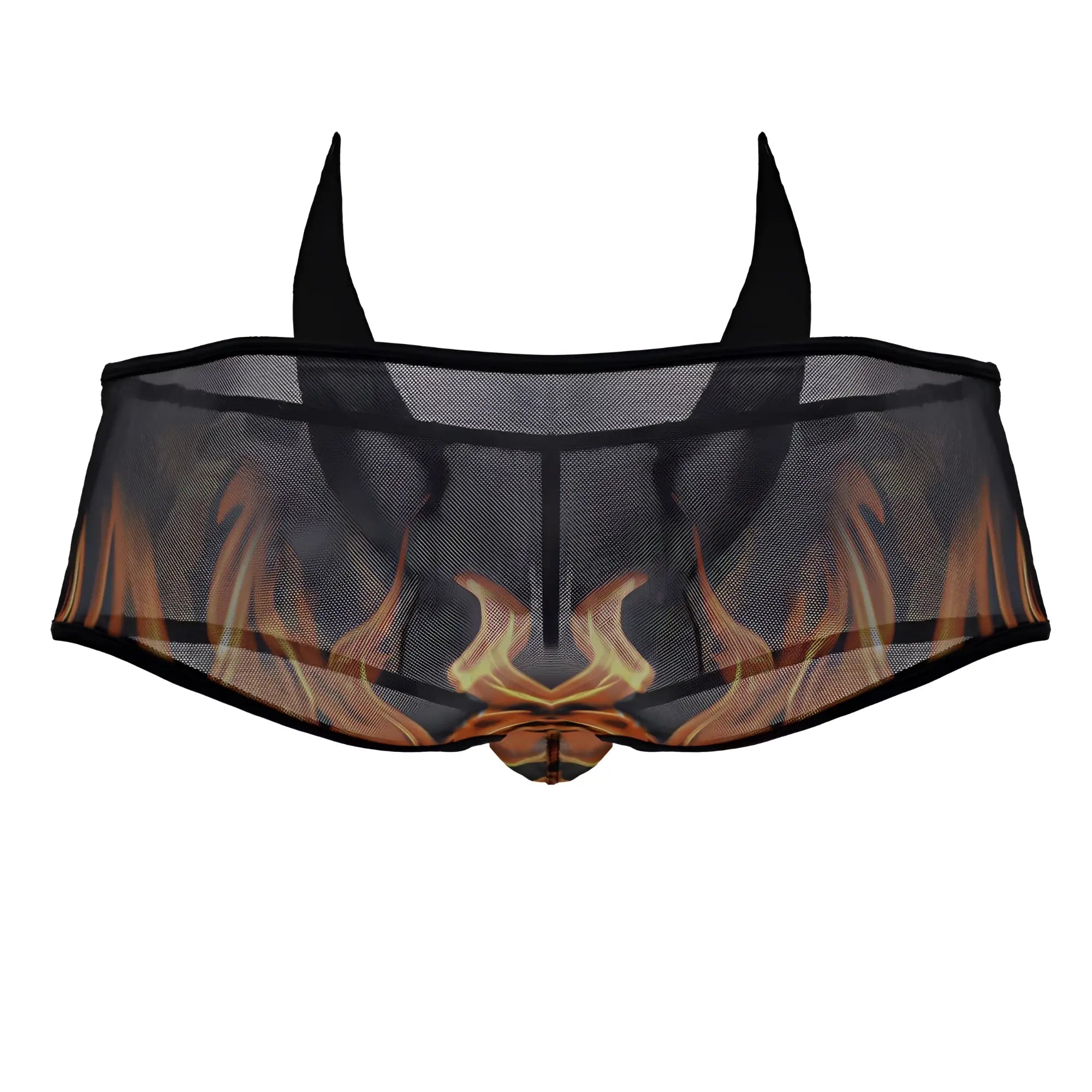 Black mesh briefs candyMan 99917 wicked trunks with fiery orange and yellow flame design on front panel