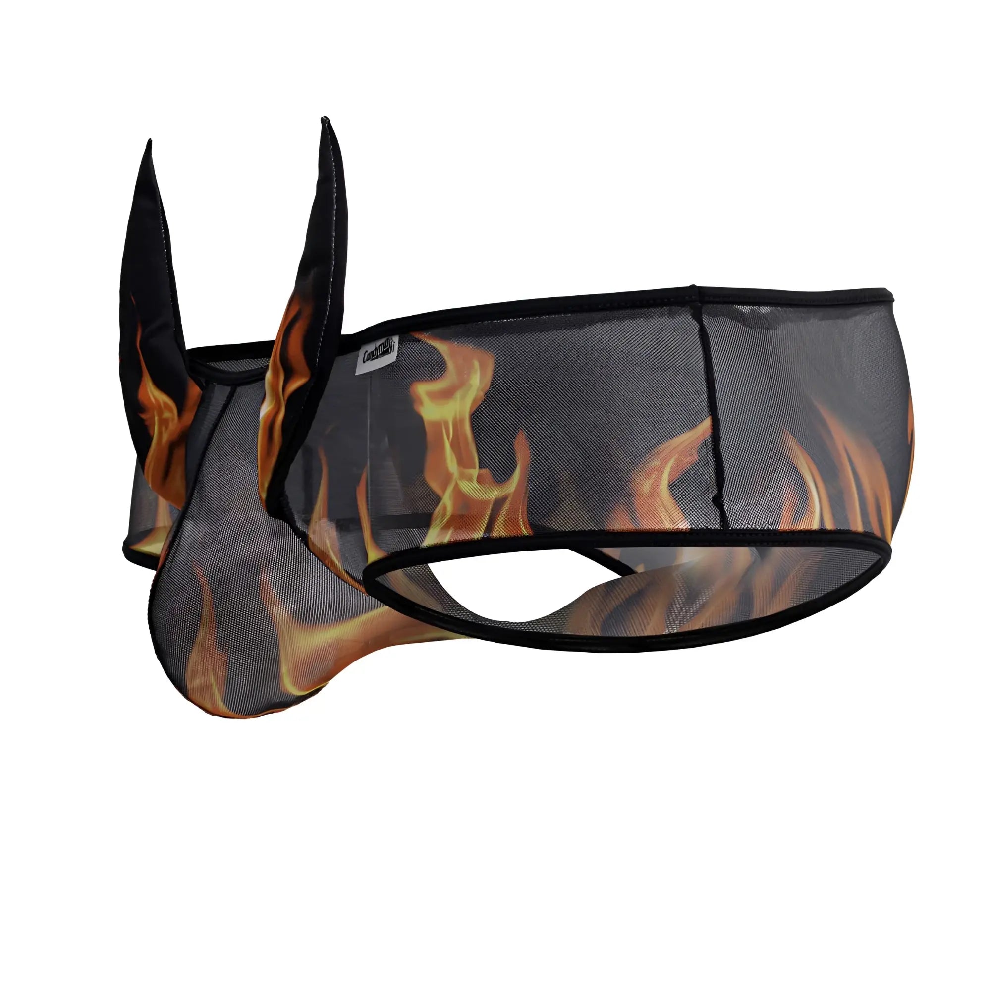 Black mesh horse fly mask candyMan 99917 wicked trunks with flame design and pointed ear flaps in black