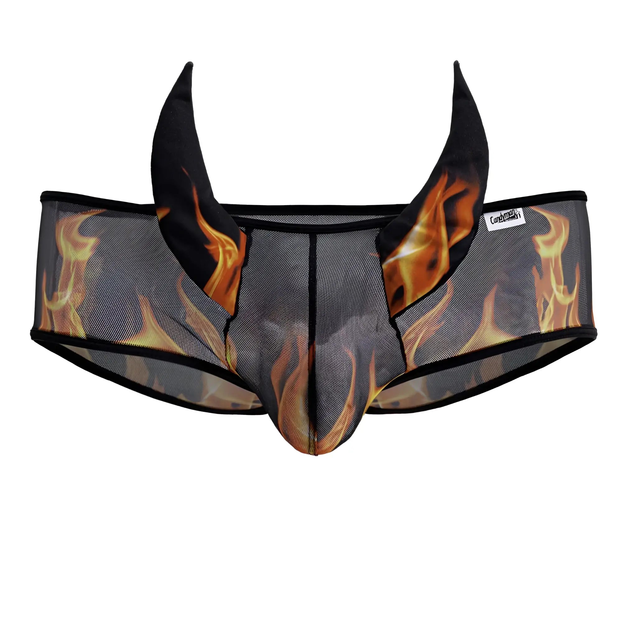 Black mesh men’s underwear candyMan 99917 wicked trunks with fiery flame design and devil horns on the waistband