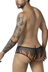 Black sheer briefs CandyMan 99917 Wicked Trunks with vibrant orange and yellow flame design along the sides