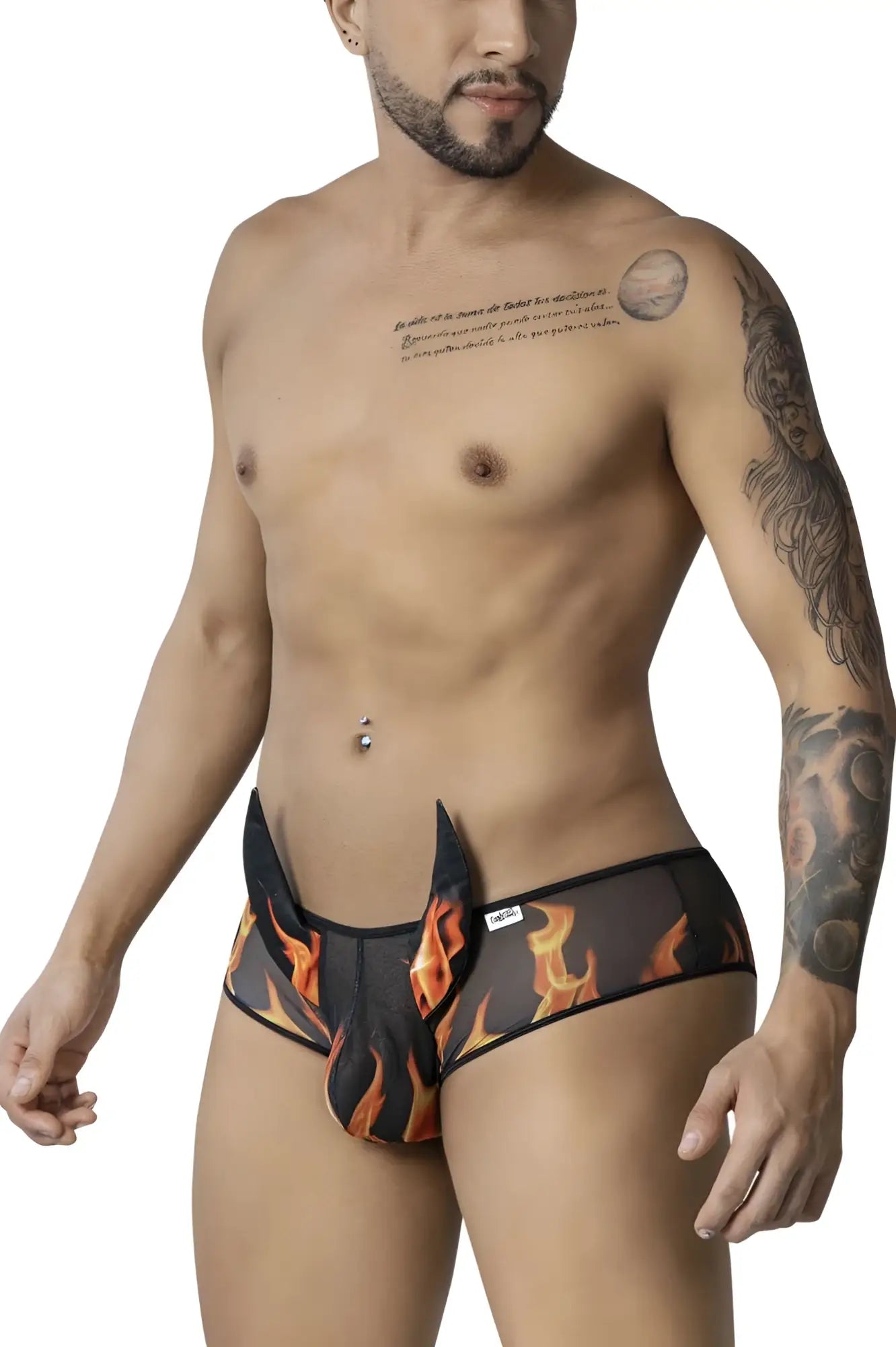 Black briefs candyMan 99917 wicked trunks with vibrant orange and yellow flame design for bold style