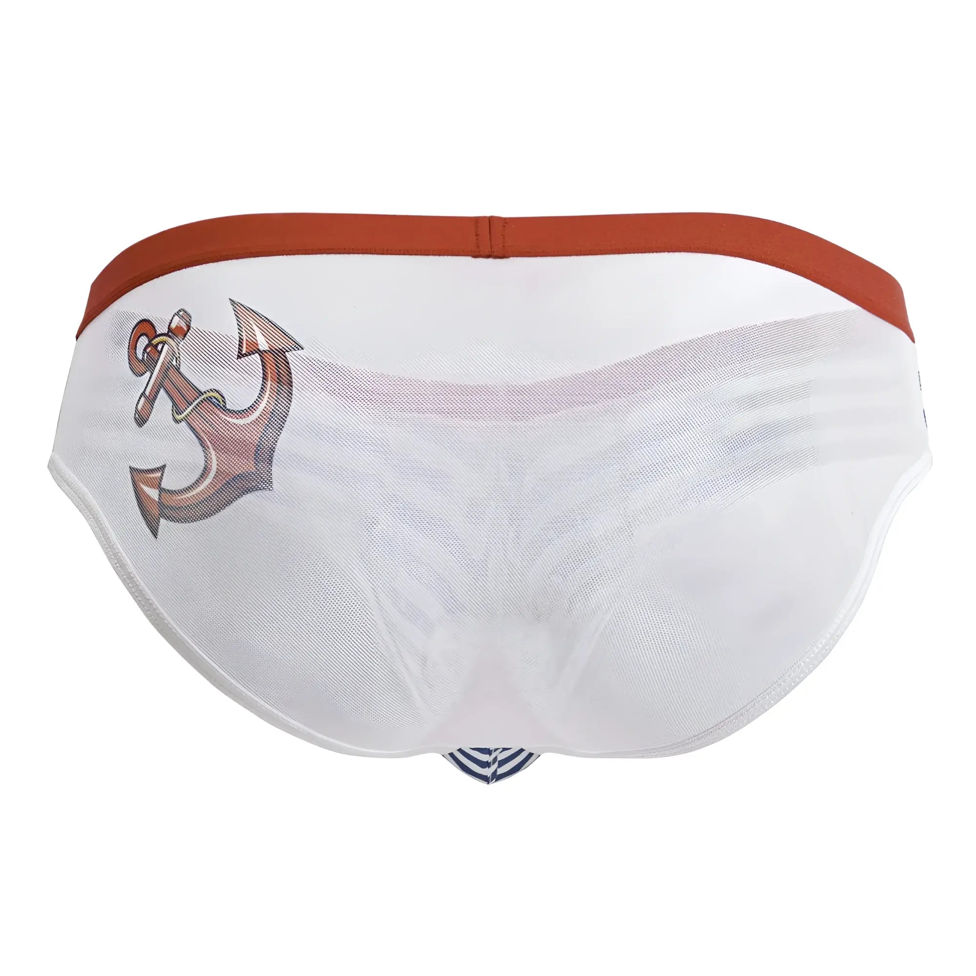 CandyMan 99918 sailor briefs blue-white white mesh swim trunks with rust anchor graphic and orange waistband