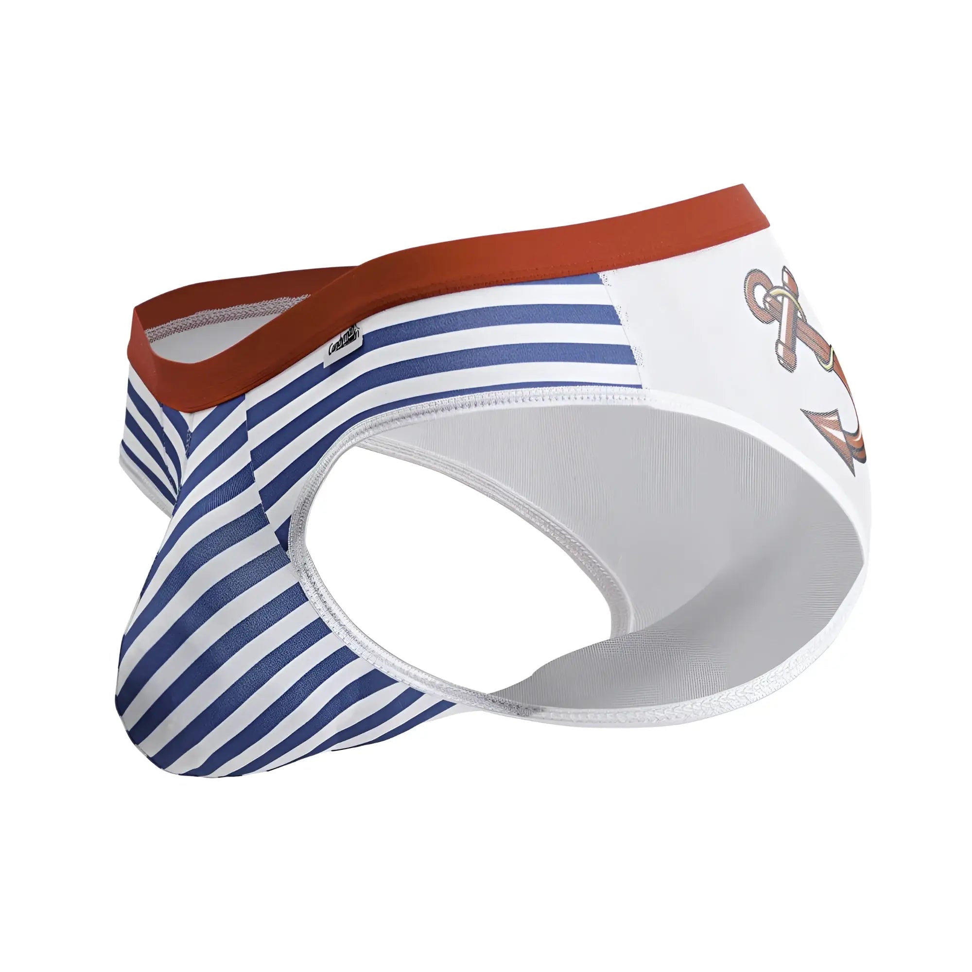 CandyMan 99918 sailor briefs in blue white with bold stripes rust waistband and anchor graphic on the side