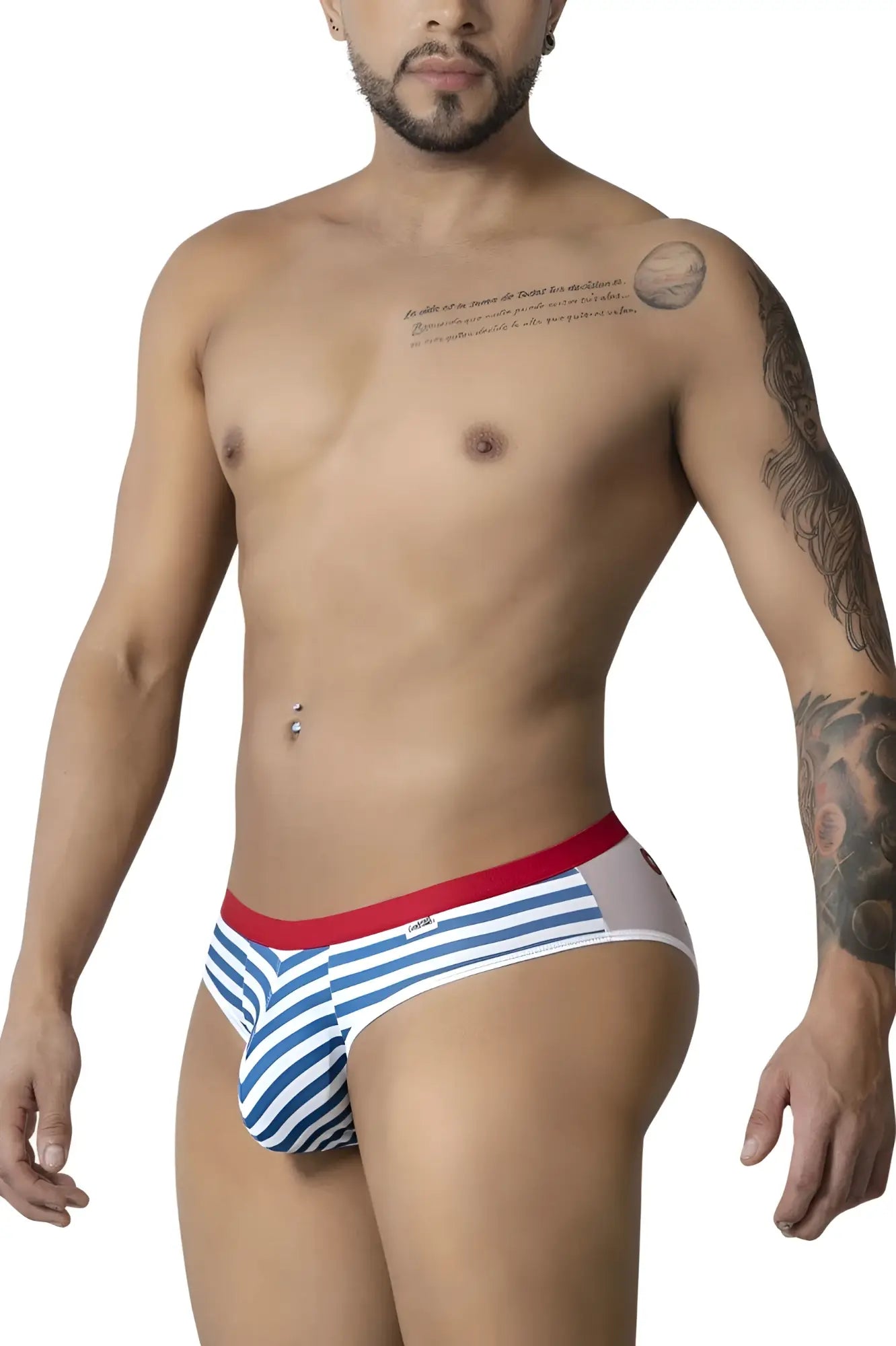 CandyMan 99918 sailor briefs in blue and white stripes with a red waistband designed for comfortable everyday wear