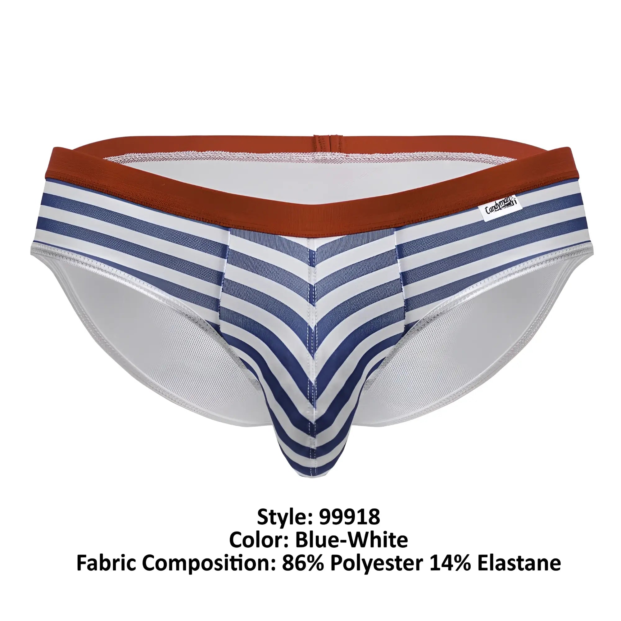 CandyMan 99918 sailor briefs in blue and white stripes with a rust waistband and a front chevron pattern
