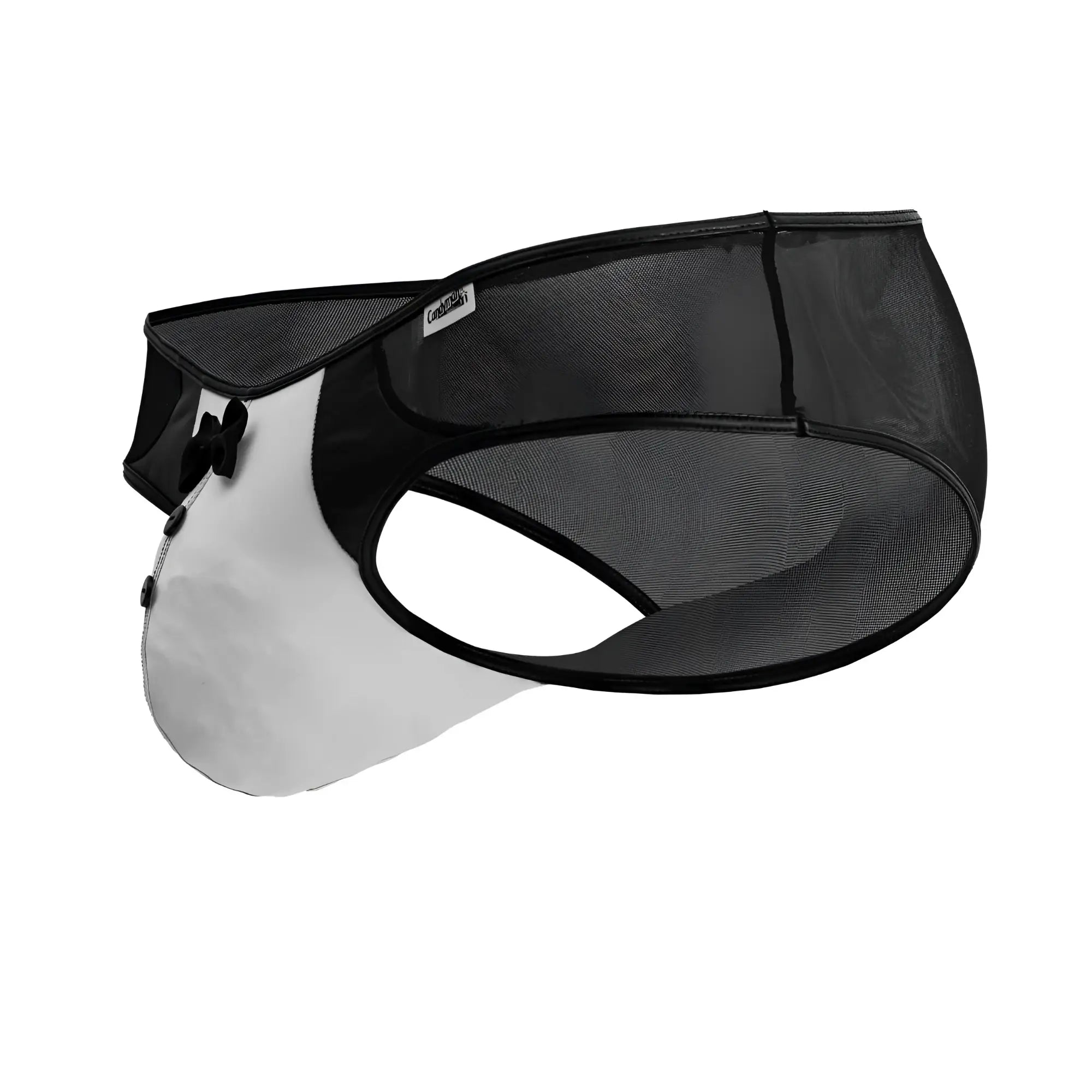 Black mesh sun visor with clear plastic face shield and adjustable strap shown from the back side