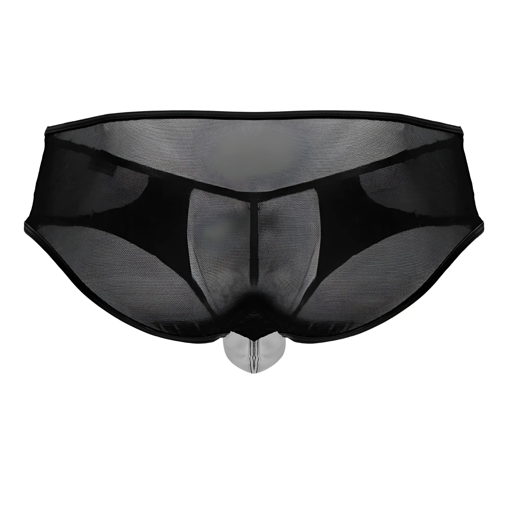 Black sheer mesh men’s CandyMan 99919 tuxedo briefs with a transparent plastic front panel in black and white