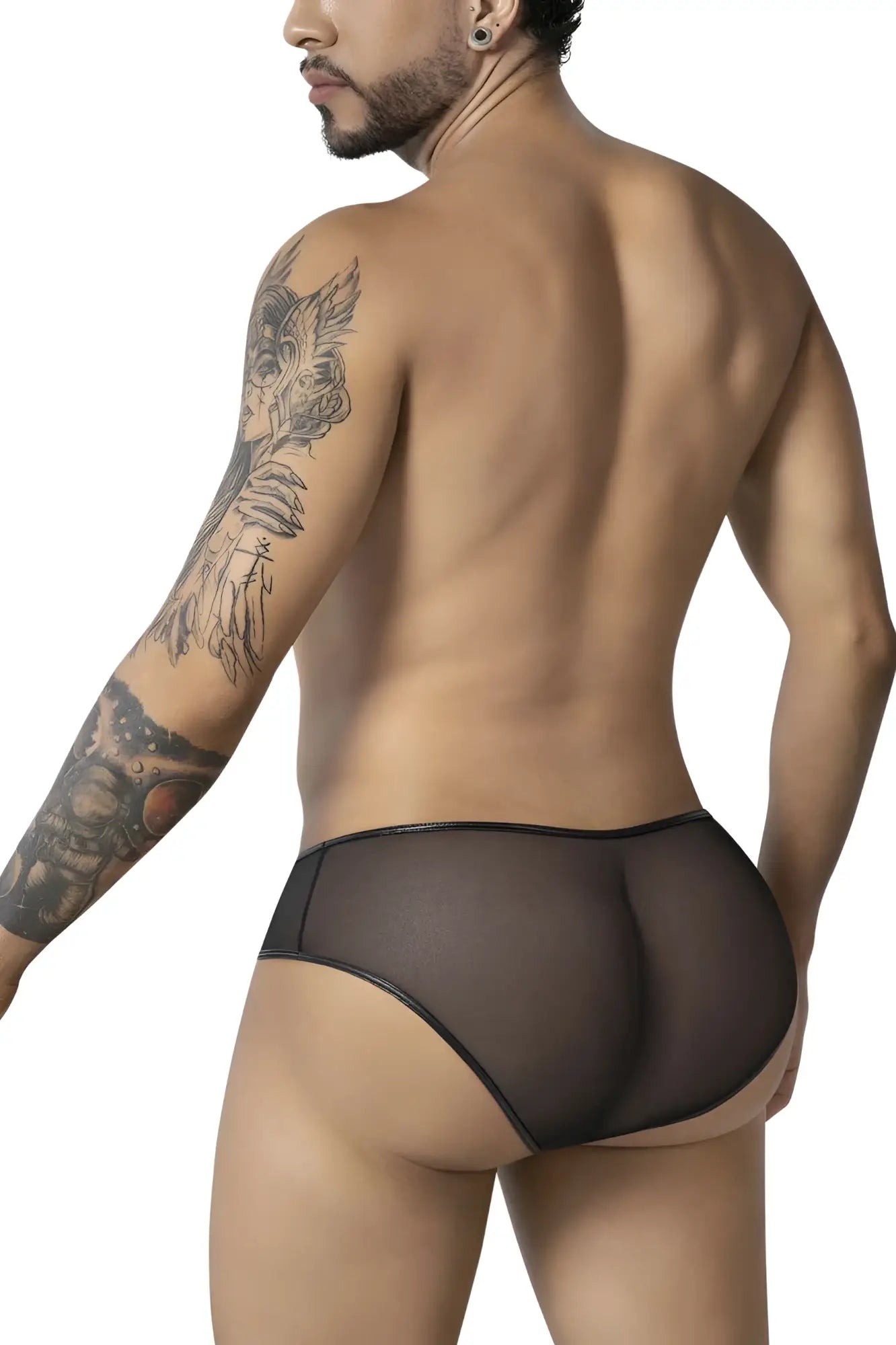 CandyMan 99919 tuxedo briefs in black sheer mesh with a smooth opaque black elastic waistband front view