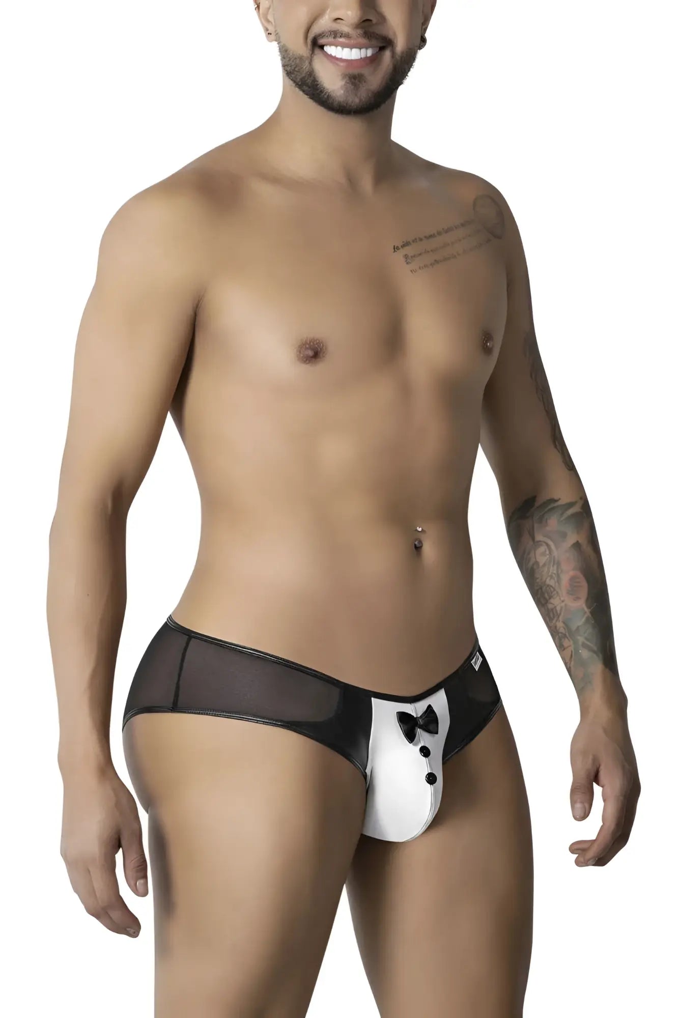 CandyMan 99919 black and white tuxedo briefs with bow tie design on front for stylish men’s underwear