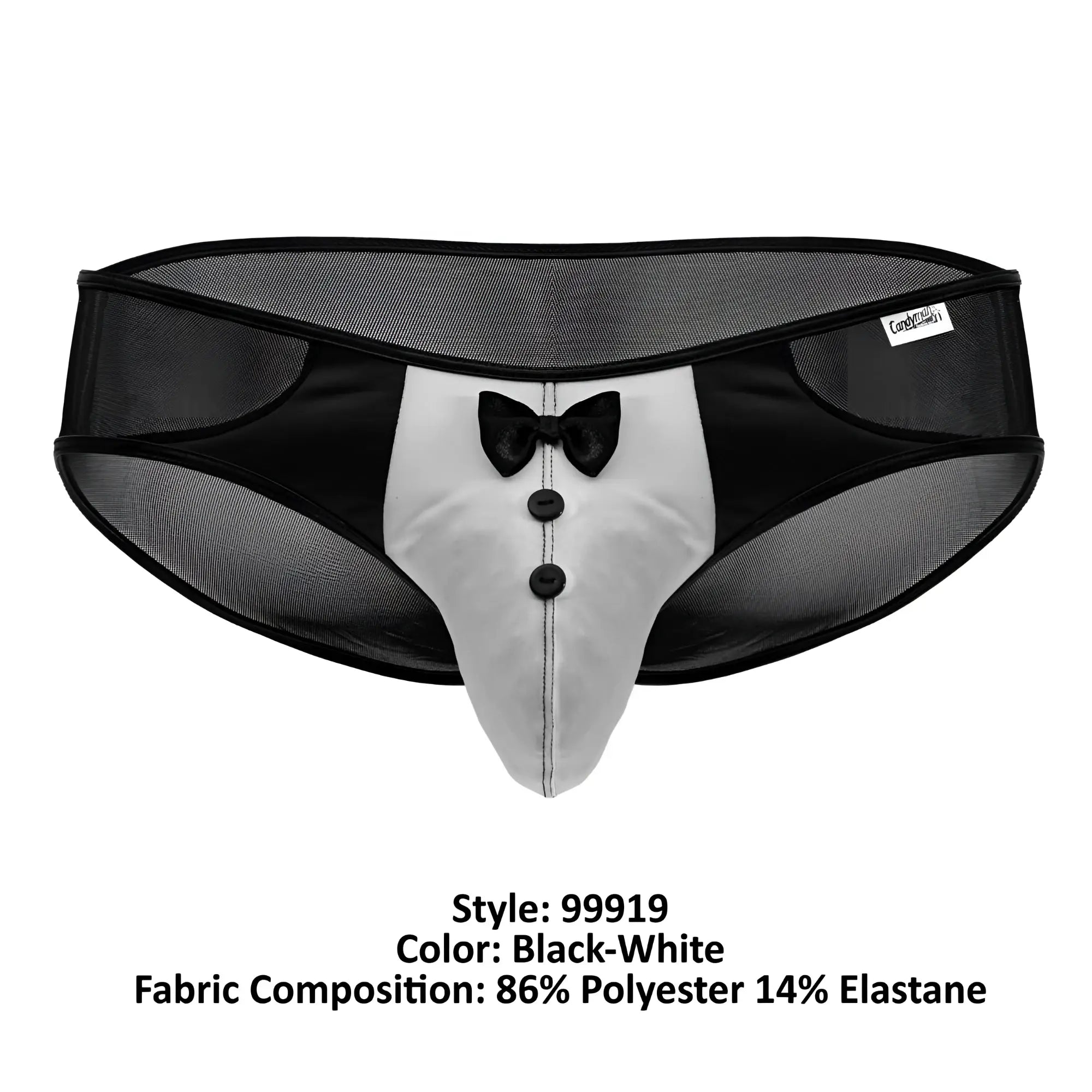 CandyMan 99919 tuxedo briefs in black and white with mesh waistband faux bow tie and button details