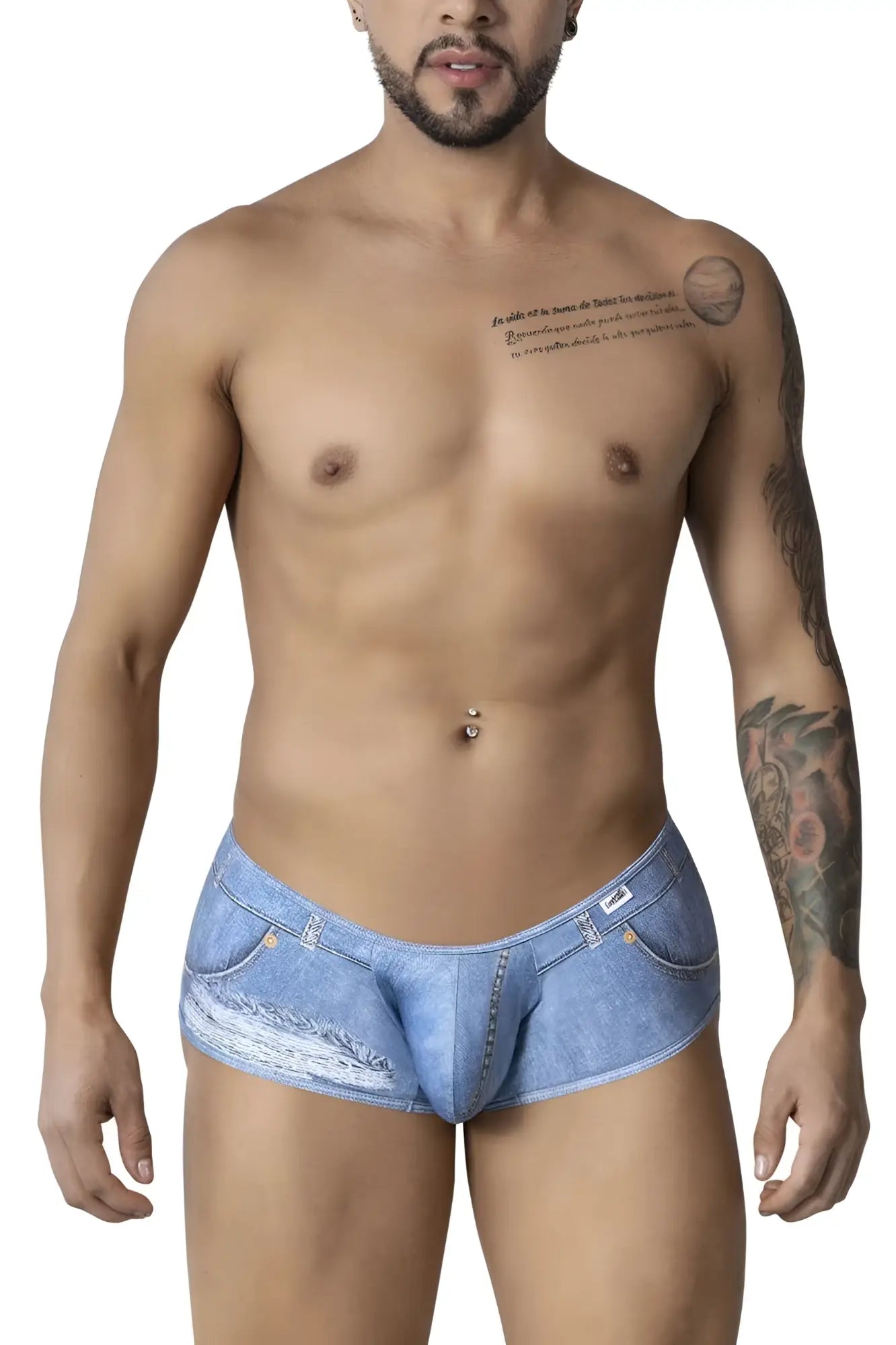 Light blue denim cowboy trunks candyman 99921 with distressed ripped design and visible stitching details