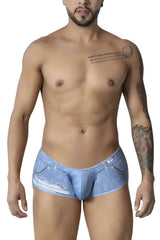 Light blue denim cowboy trunks candyman 99921 with distressed ripped design and visible stitching details