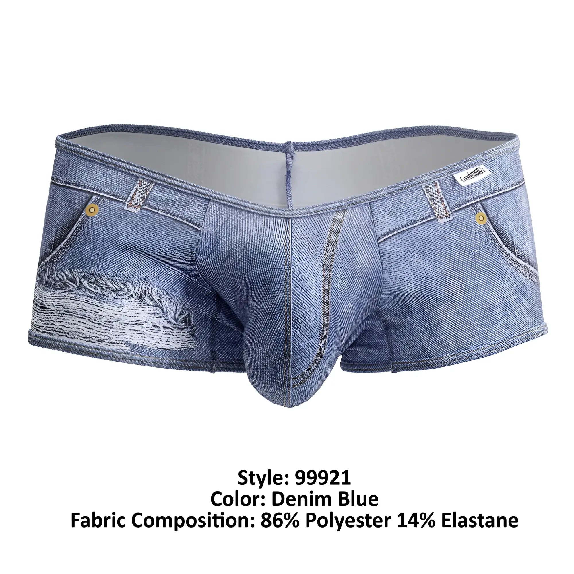 Denim blue candyMan 99921 cowboy trunks men’s underwear designed like jeans with distressed patch and gold-tone button details