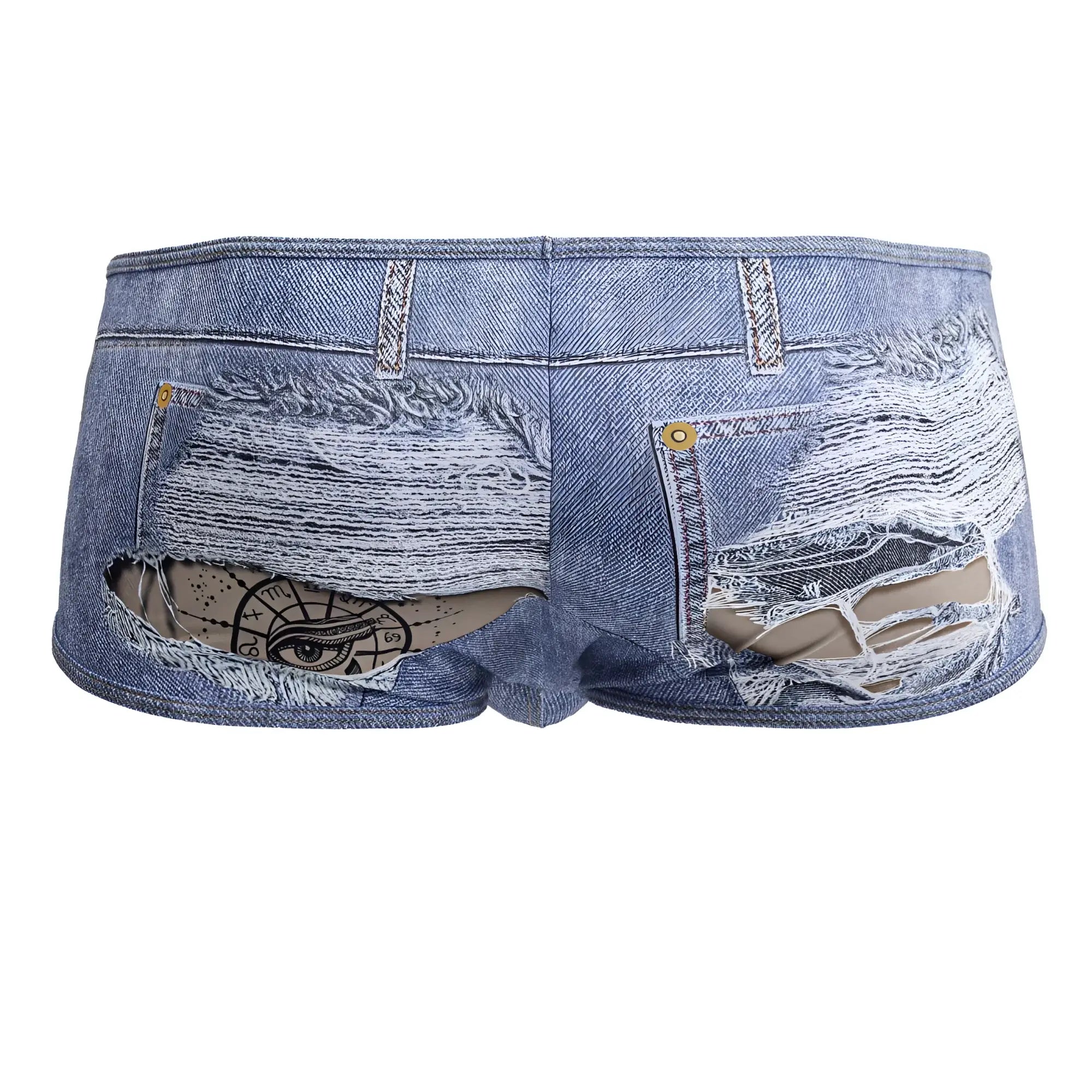 Blue denim CandyMan 99921 cowboy trunks with distressed ripped fabric and eye design on inner lining