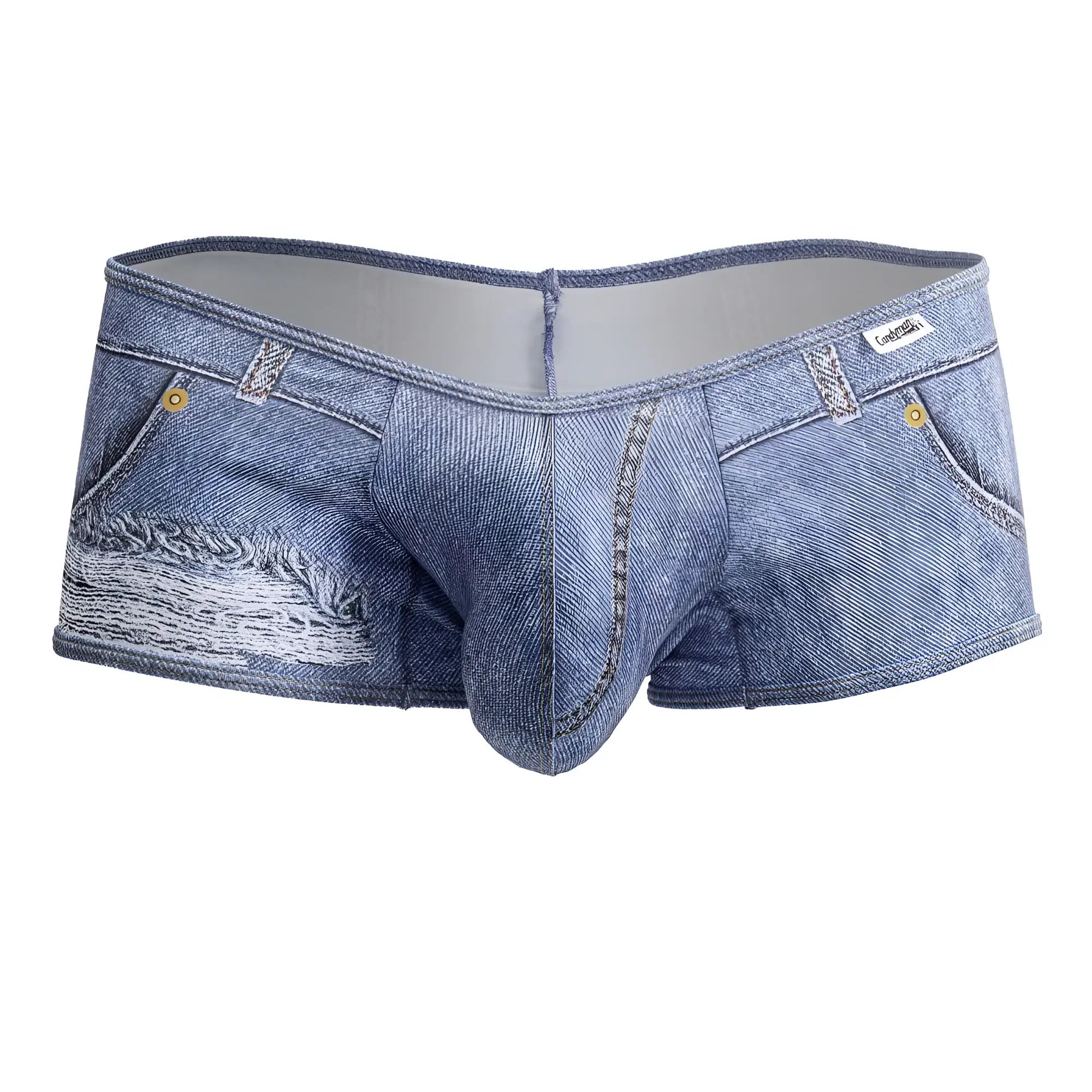 CandyMan 99921 cowboy trunks in denim blue with distressed patch and gold-tone button details on left leg