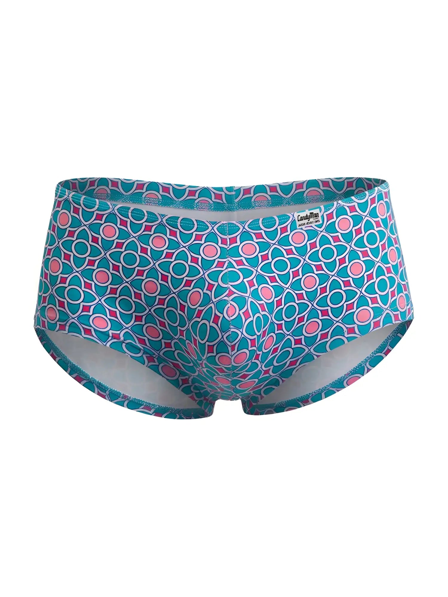 Women’s briefs candy man 99922 trunks in teal and pink geometric print with white trim and blue base color