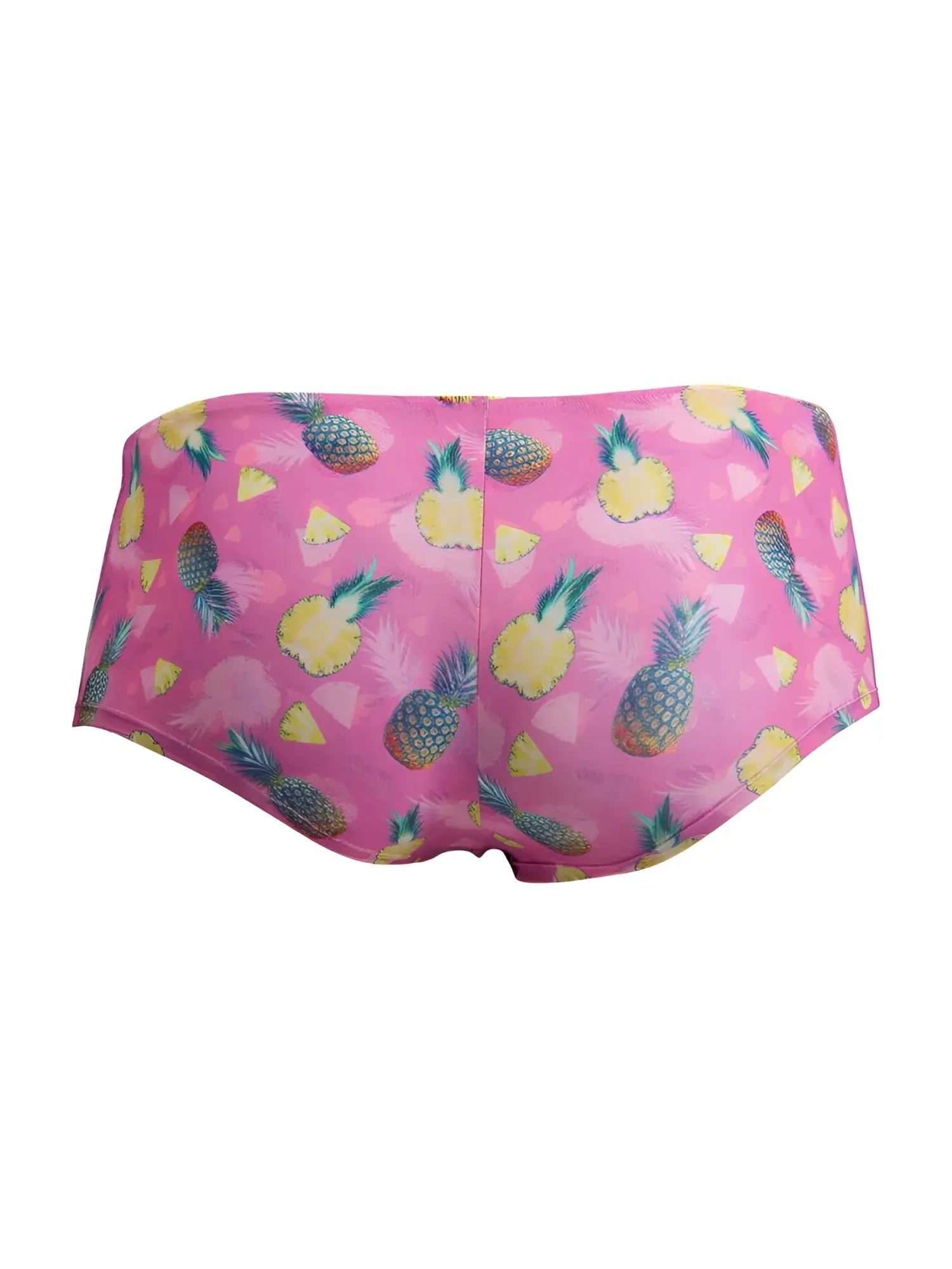 Candyman 99922 trunks are pink swim shorts with a vibrant yellow pineapple print and green tops on bright pink fabric