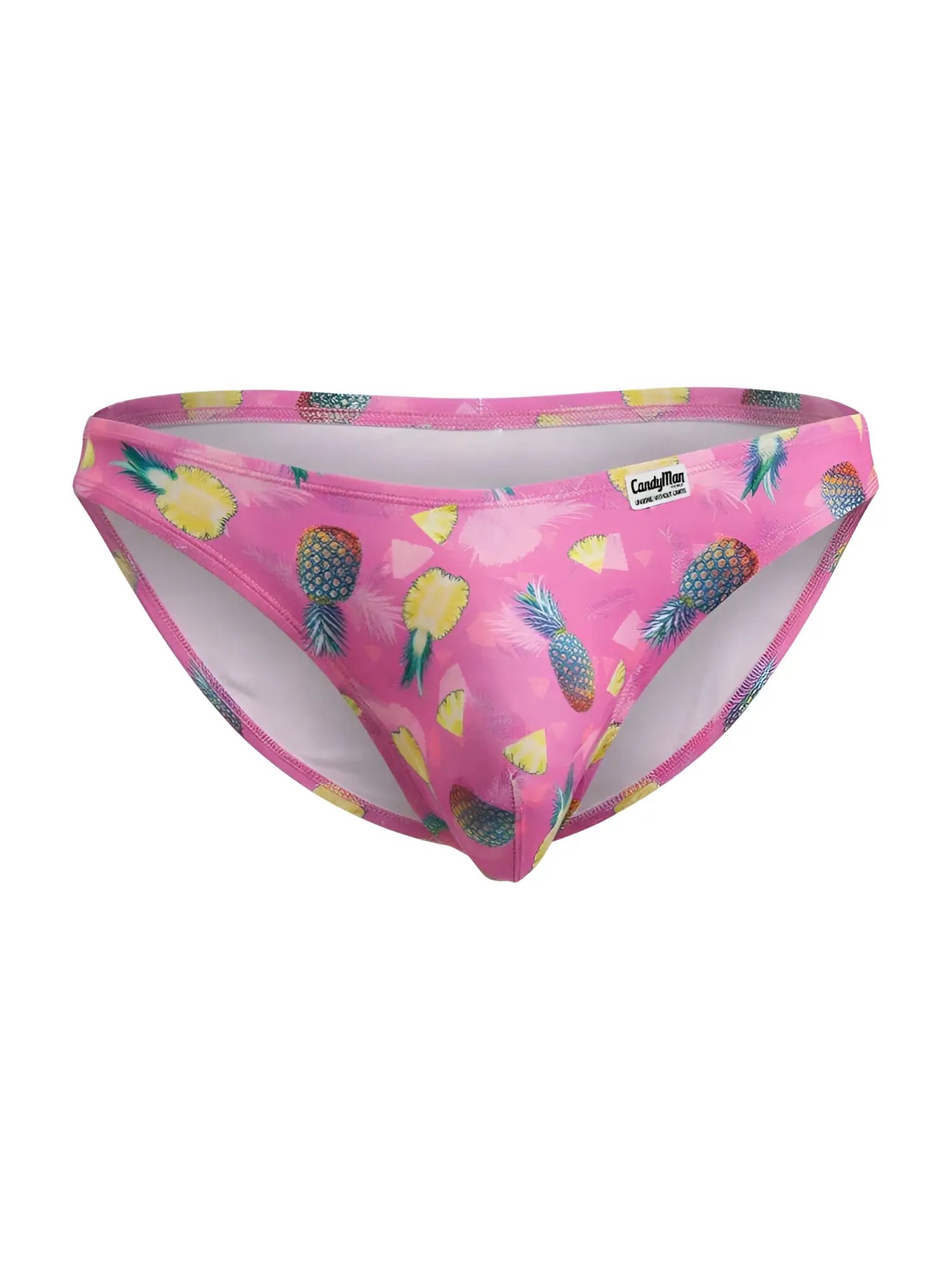 CandyMan 99923 bikini color printed pink men’s briefs with pineapple pattern white interior and small brand tag