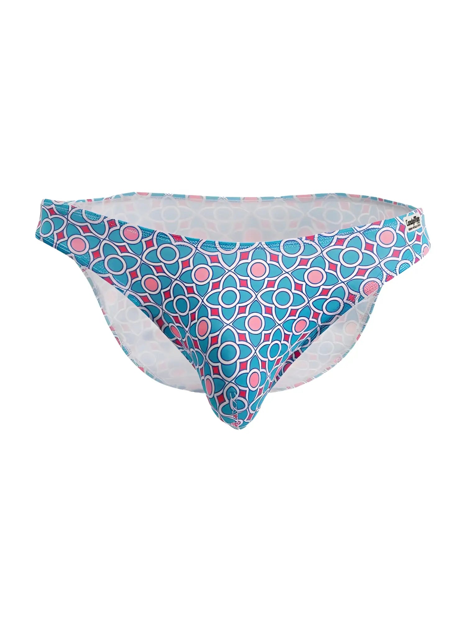 CandyMan 99923 briefs color printed blue swim trunks with blue and pink geometric patterns and white inner lining