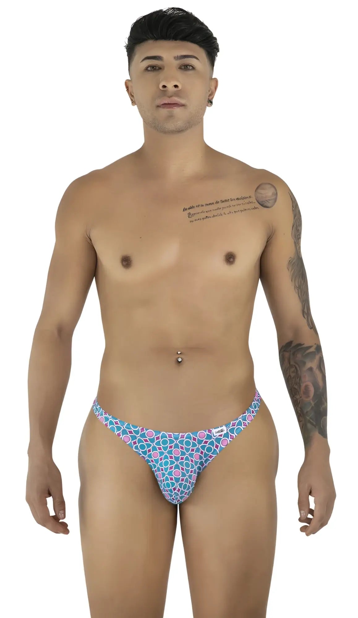 CandyMan 99924 thong with blue and pink geometric print and small white brand tag on the side
