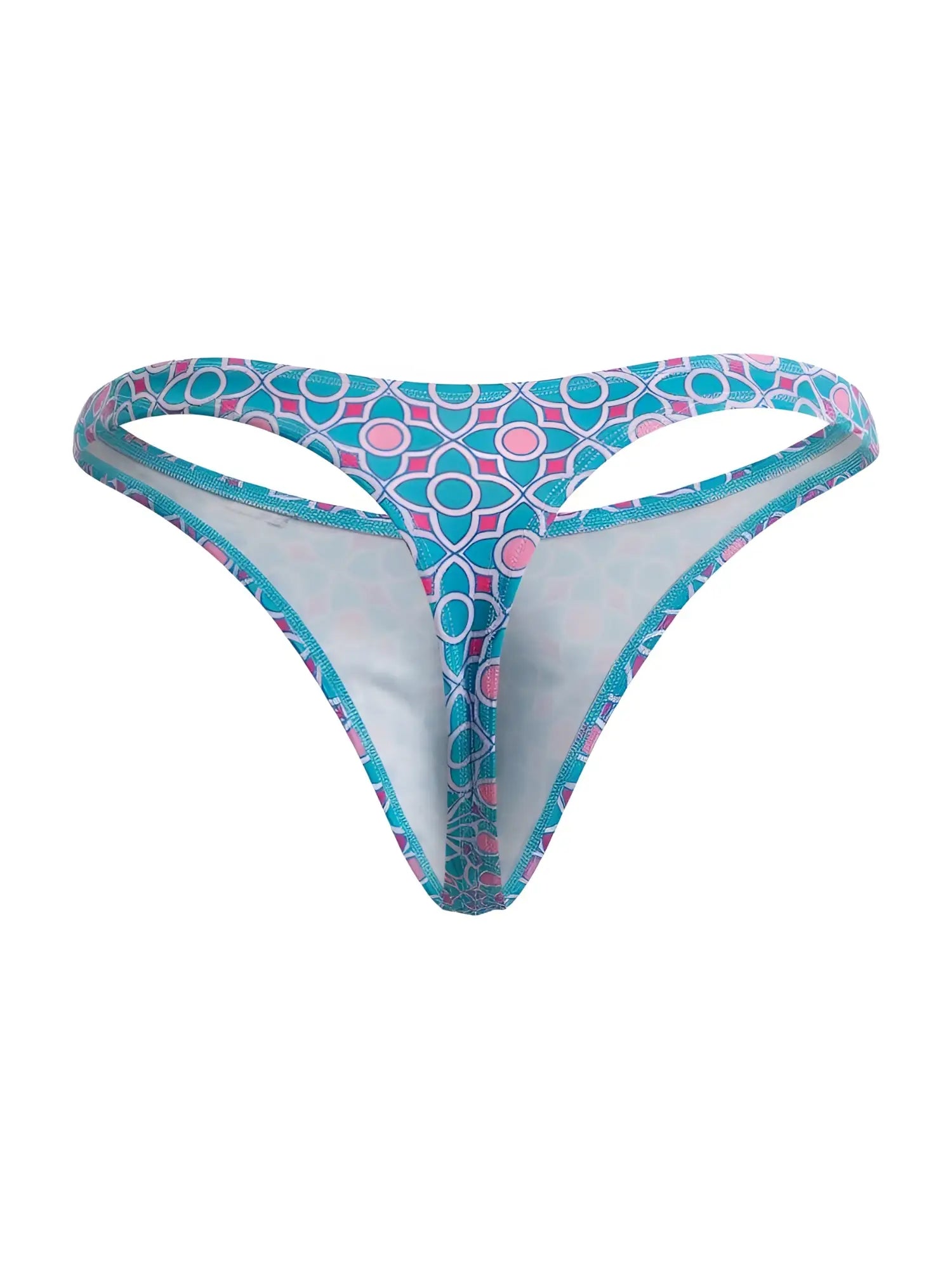 CandyMan 99924 thong with turquoise and pink geometric pattern and white interior lining in blue color scheme