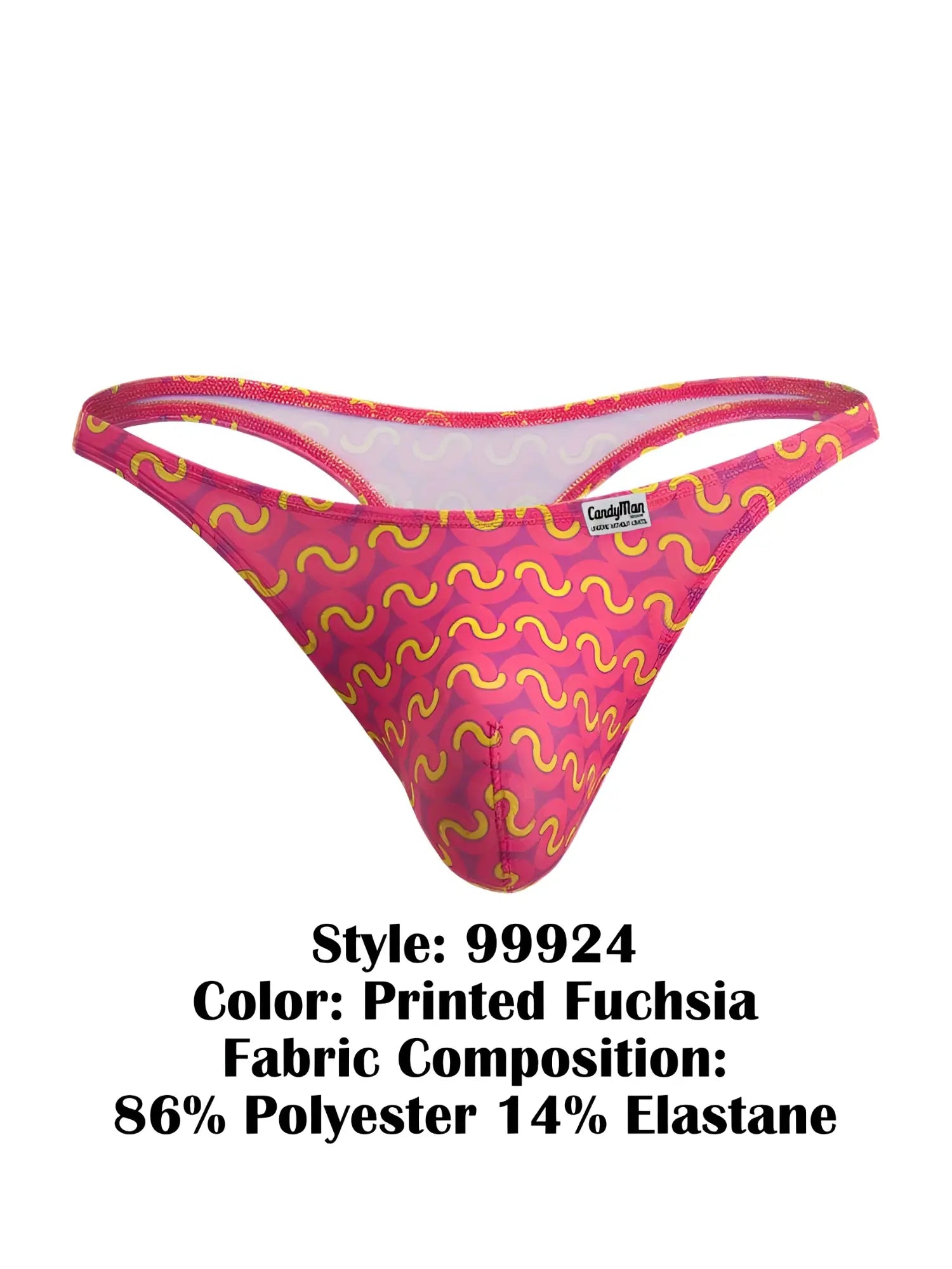CandyMan 99924 thong in fuchsia with yellow wavy print made from 86 polyester and 14 elastane fabric