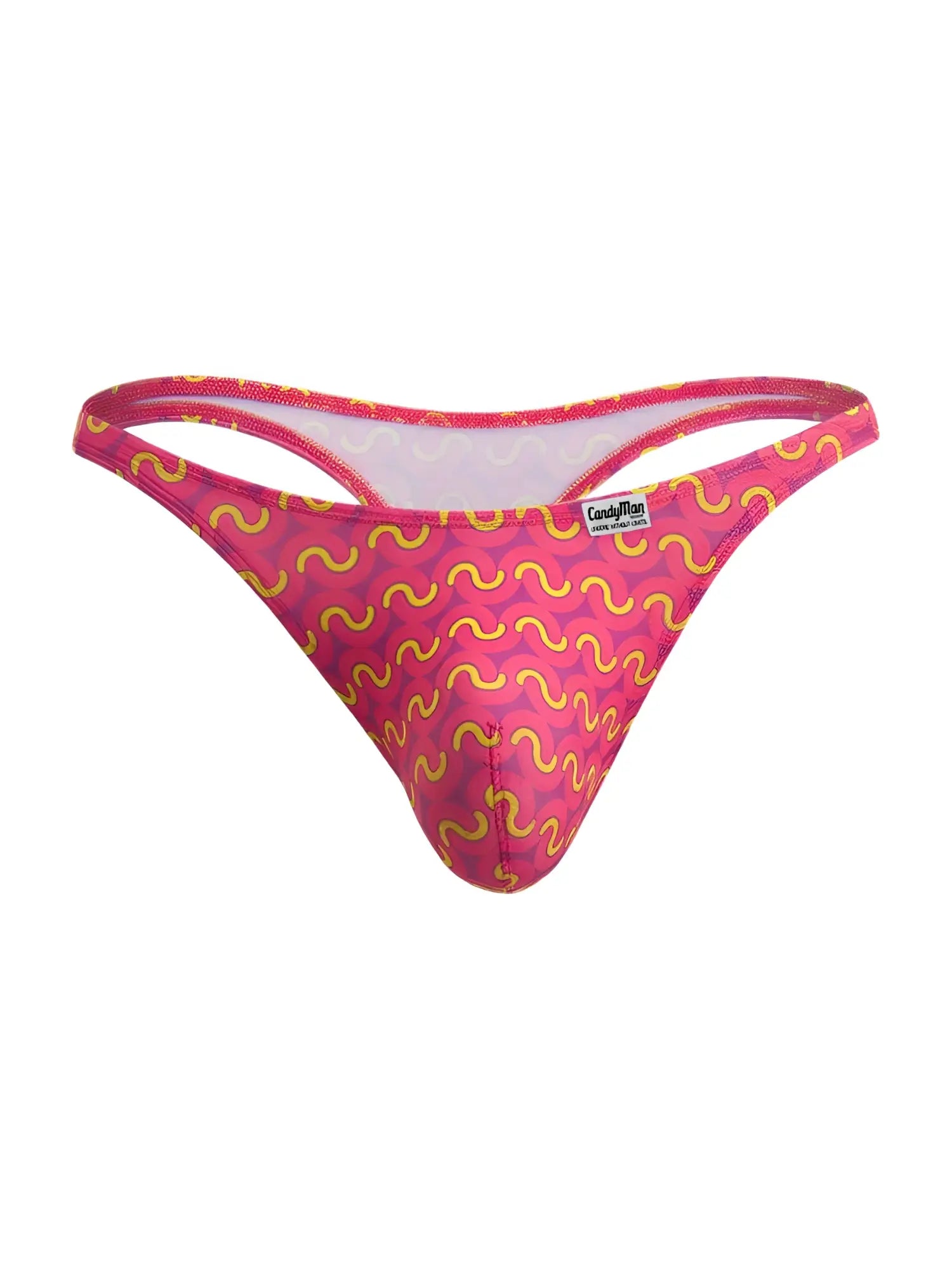 A vibrant pink thong with bold yellow wavy pattern and candyman label from CandyMan 99924 color printed fuchsia collection