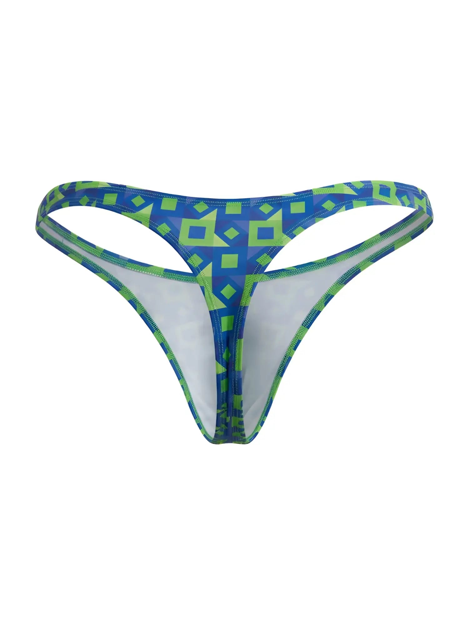 CandyMan 99924 thong in navy with blue and lime green geometric pattern and white interior lining visible from front