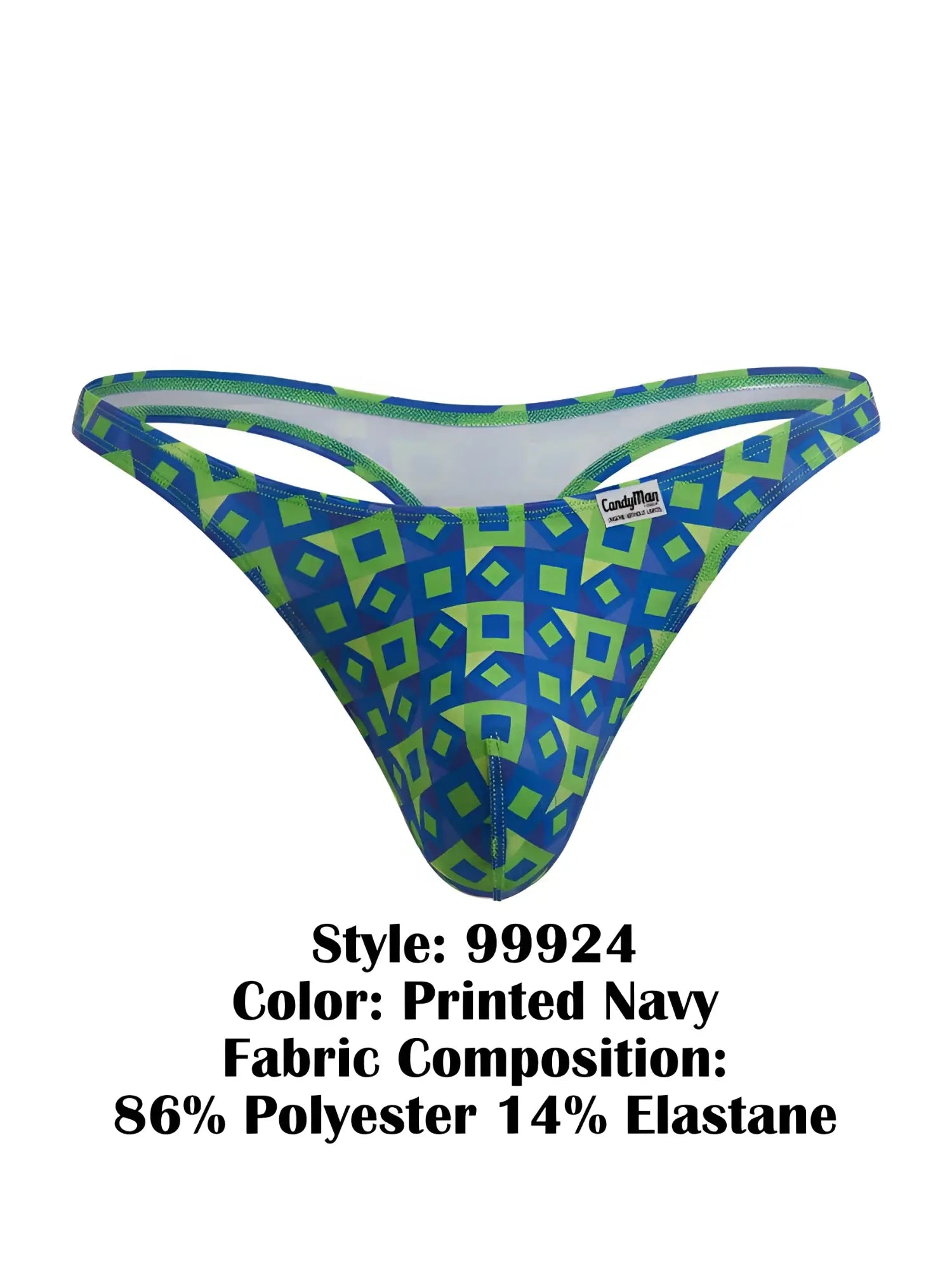 Blue and lime green patterned thong with geometric design made of 86 polyester 14 elastane candy man 99924 color printed navy