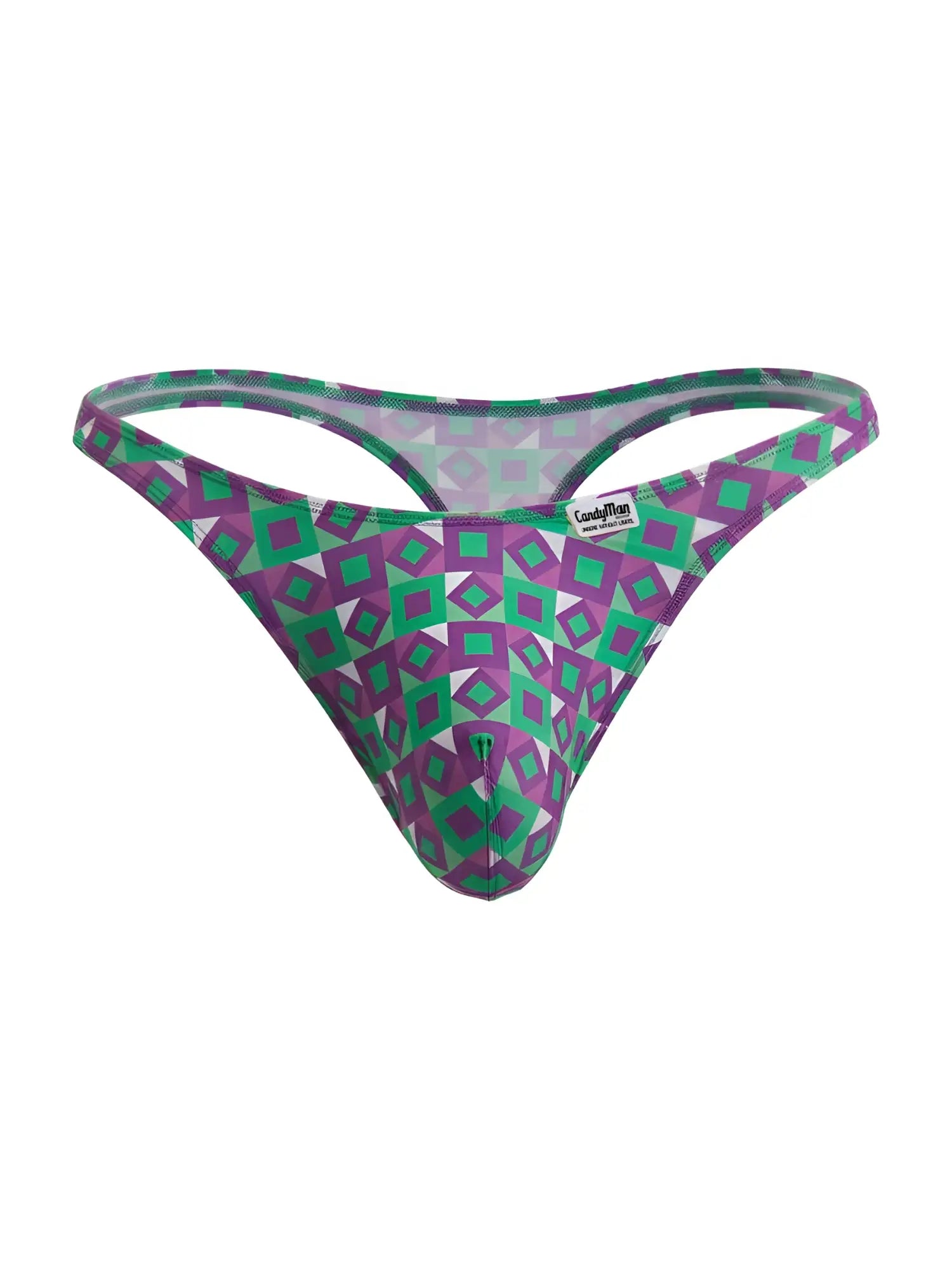 Purple and green geometric-patterned candyman 99924 thong showcasing printed colors and comfortable design