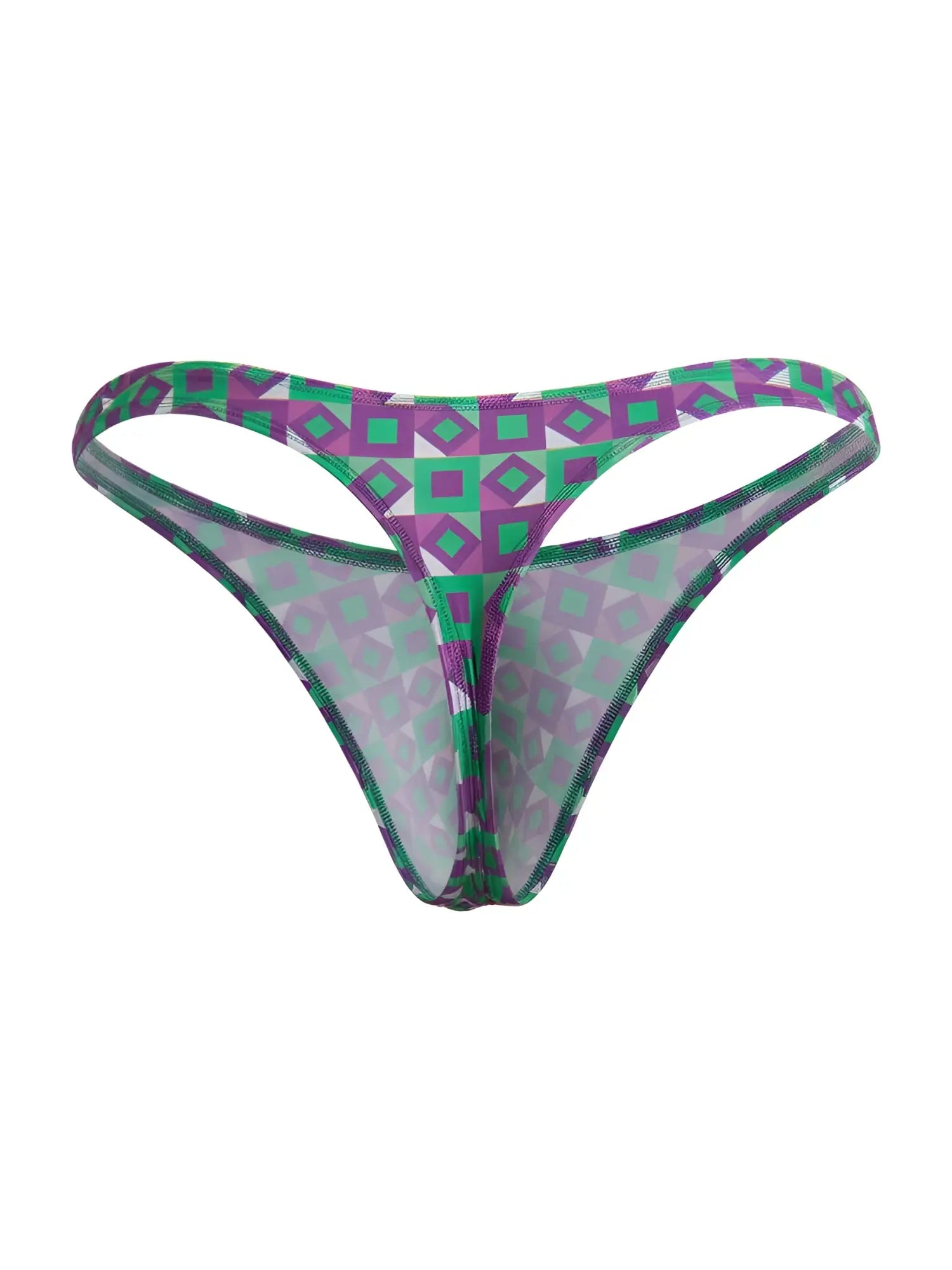 Purple and green geometric-patterned sheer thong with mesh fabric from candyman 99924 thongs color printed purple