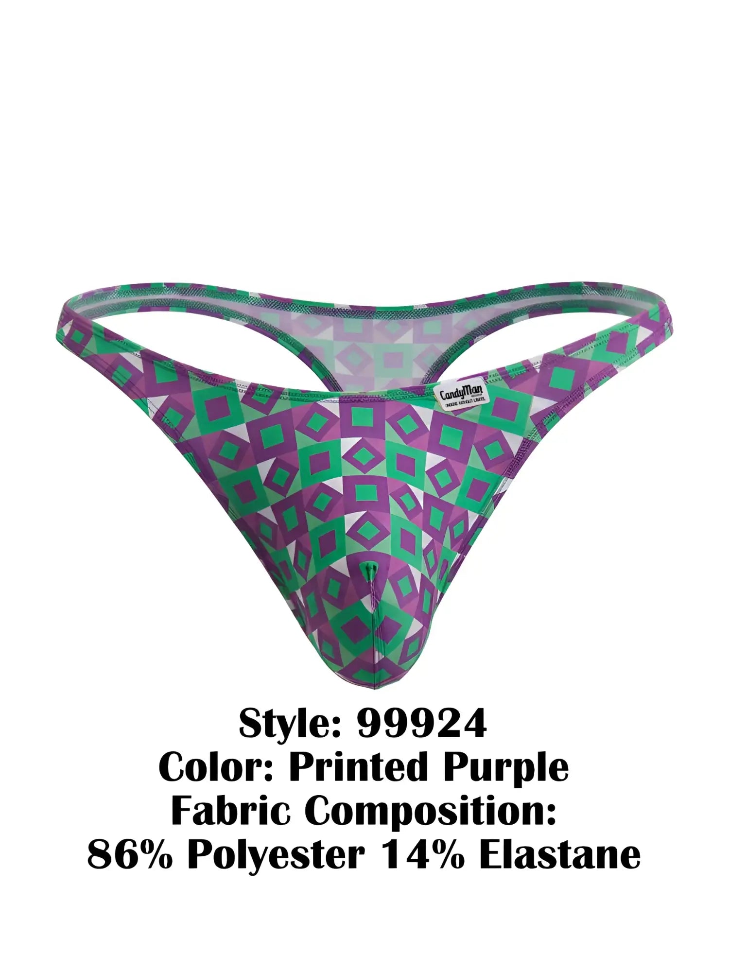Purple and green geometric-patterned thong by candyman made of 86 polyester and 14 elastane for comfortable wear